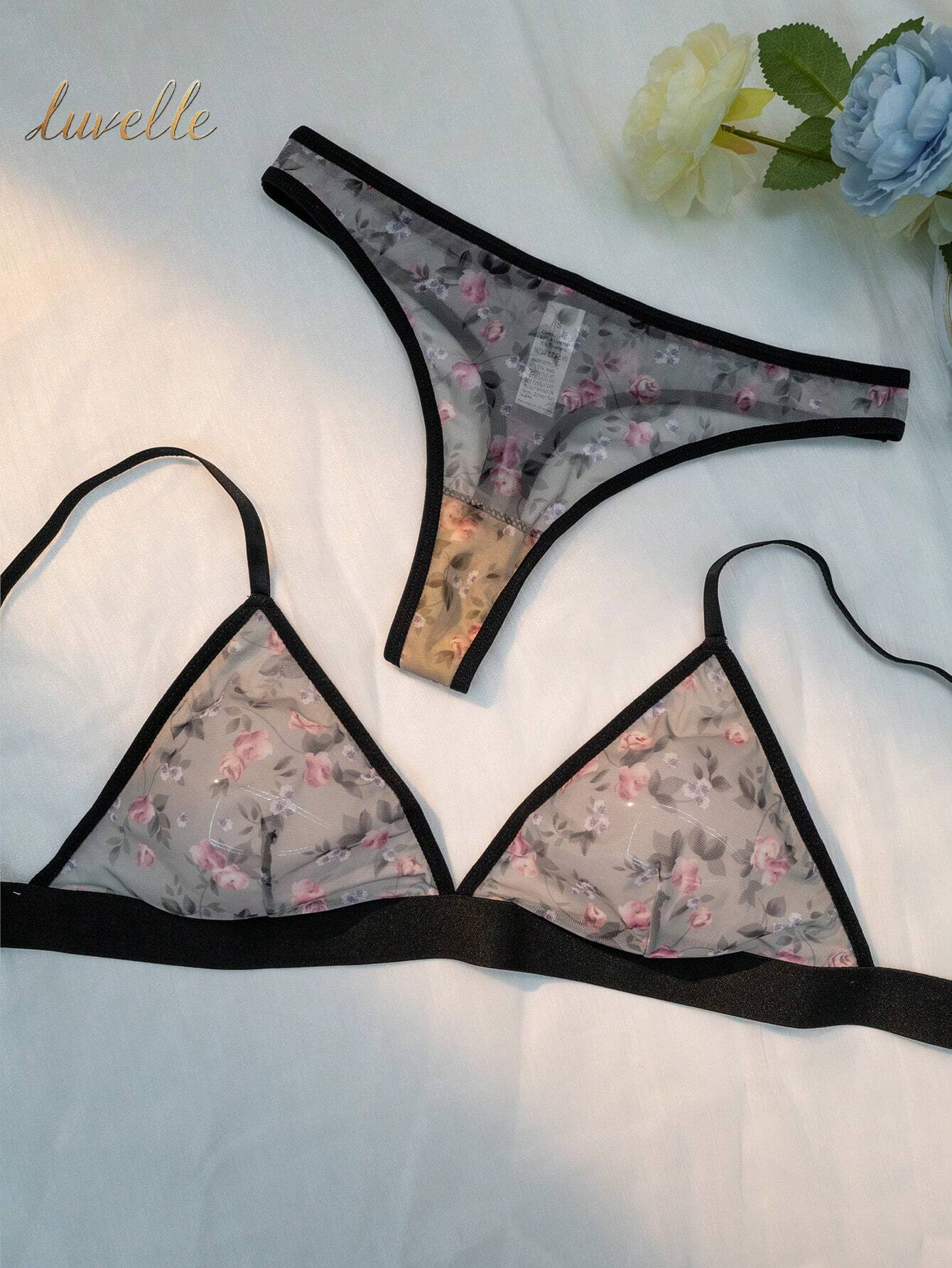 Two-Piece Set of Women Sexy Lingerie (Wireless Bra and Thong)_Grey And Pink