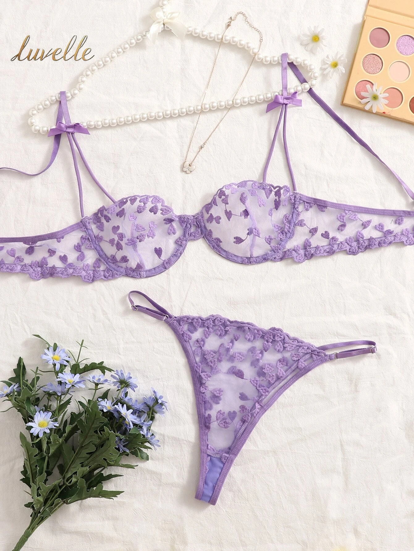 Heart Embroidered Bow Front Mesh Lingerie Set_Lilac Purple