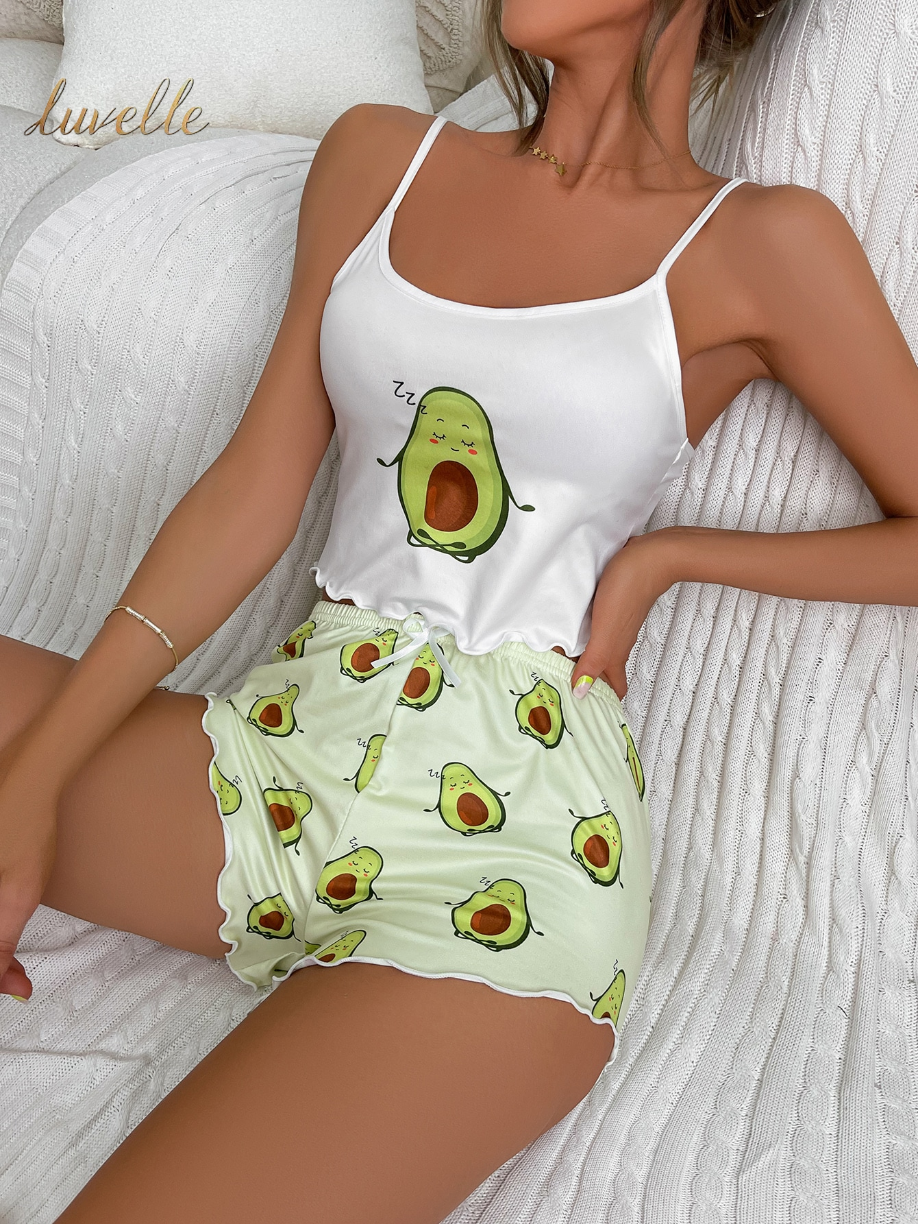 Cartoon Graphic Lettuce Trim Cami Top & Shorts PJ Set / Pajama Set