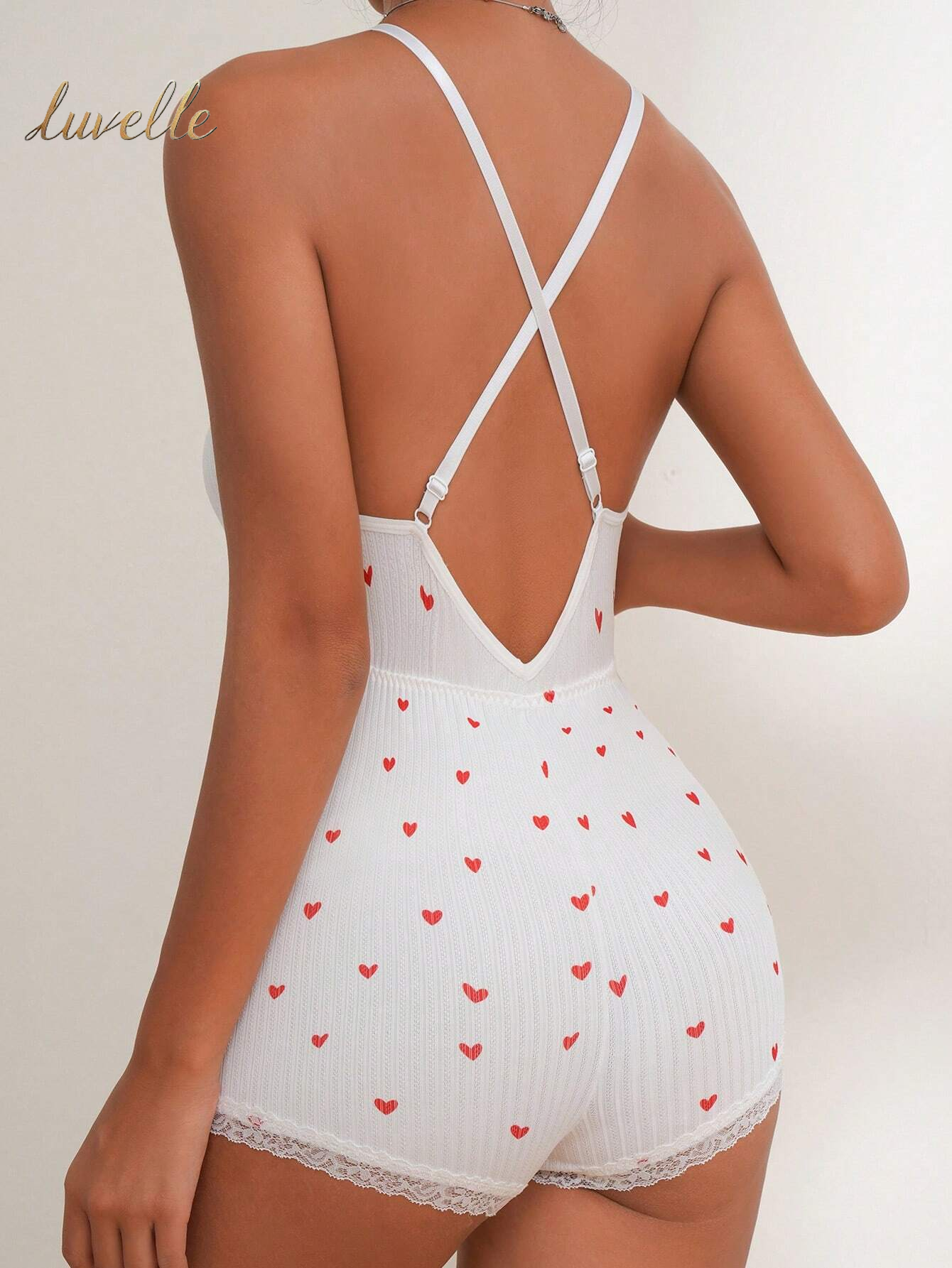 Heart Print Lace Trim Cami Romper