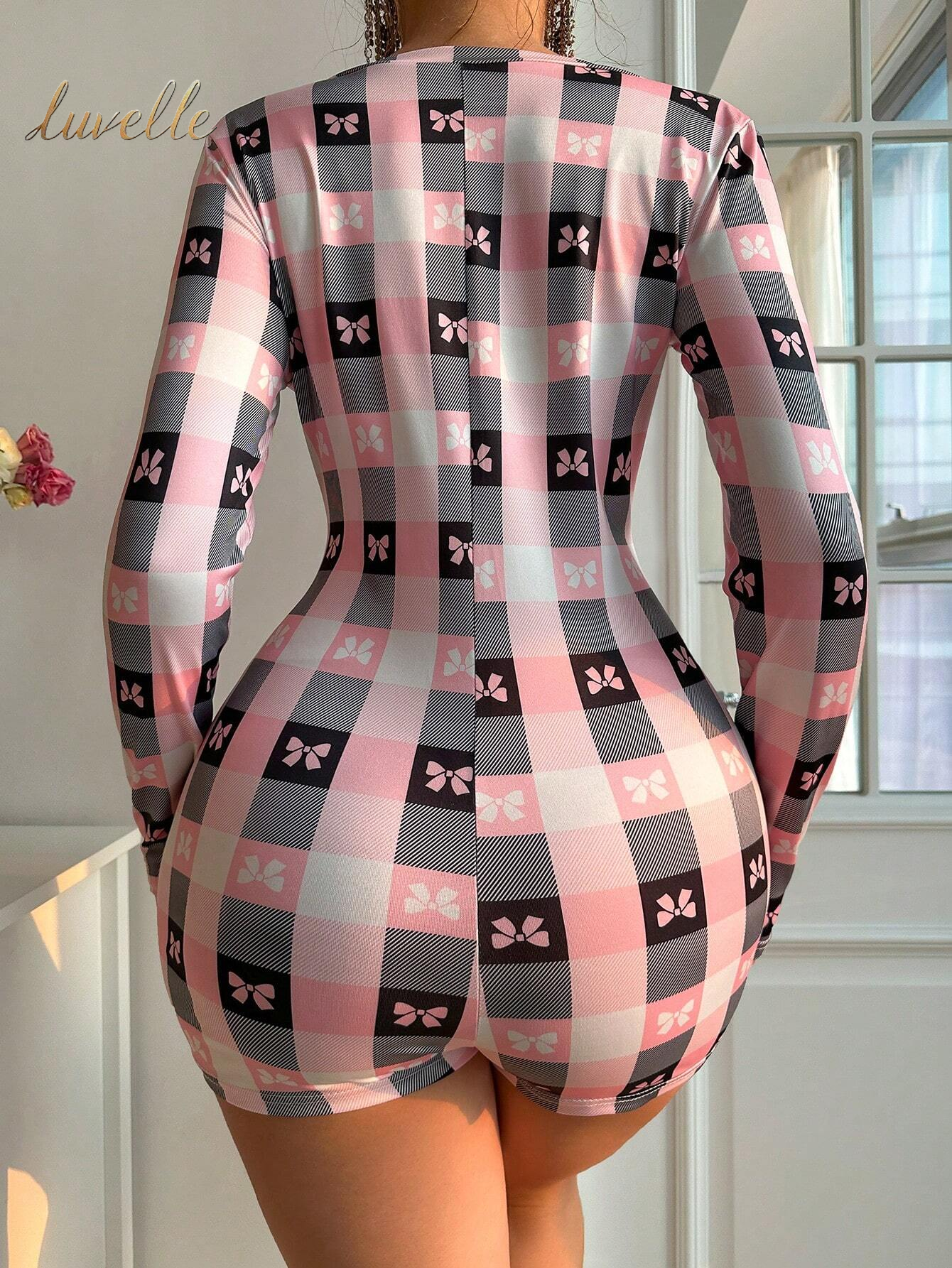 Women'S Plaid Bow Print Pajama Romper_Pink