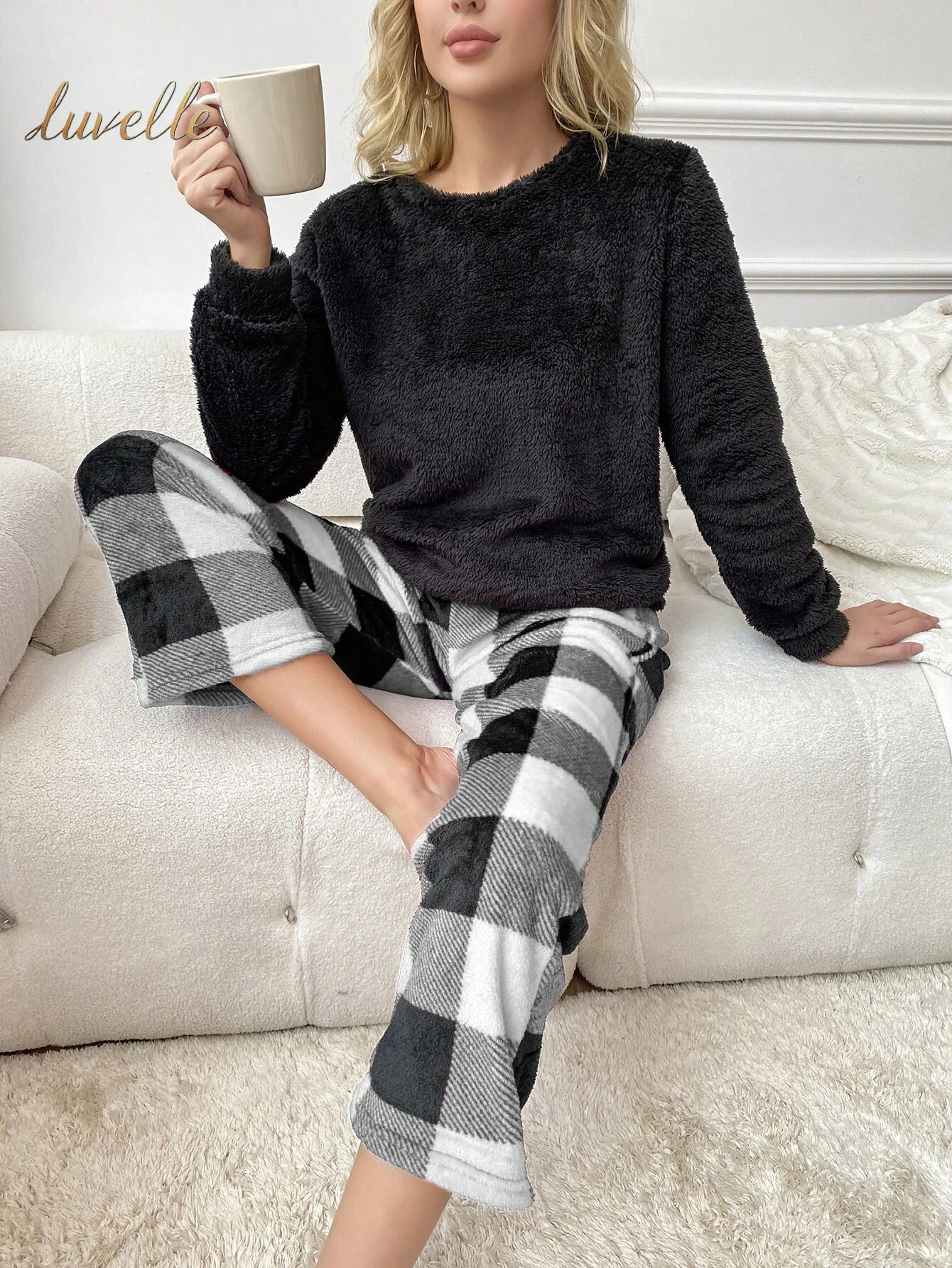 Buffalo Plaid Print PJ Set / Pajama Set_Black and White