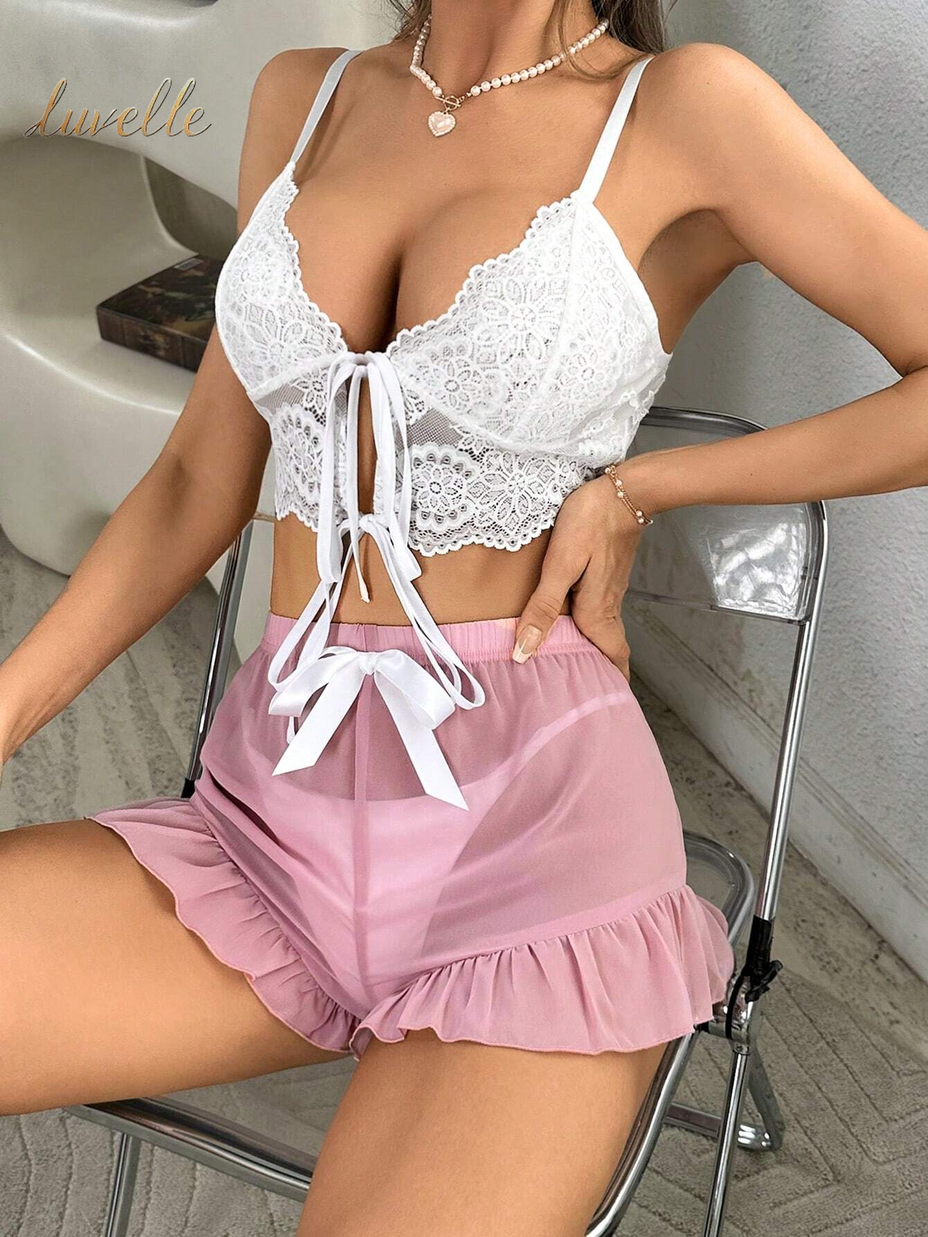 Ladies" Summer Solid Color Lace Spaghetti Strap See-Through Ruffle Hem Shorts Pajamas Set