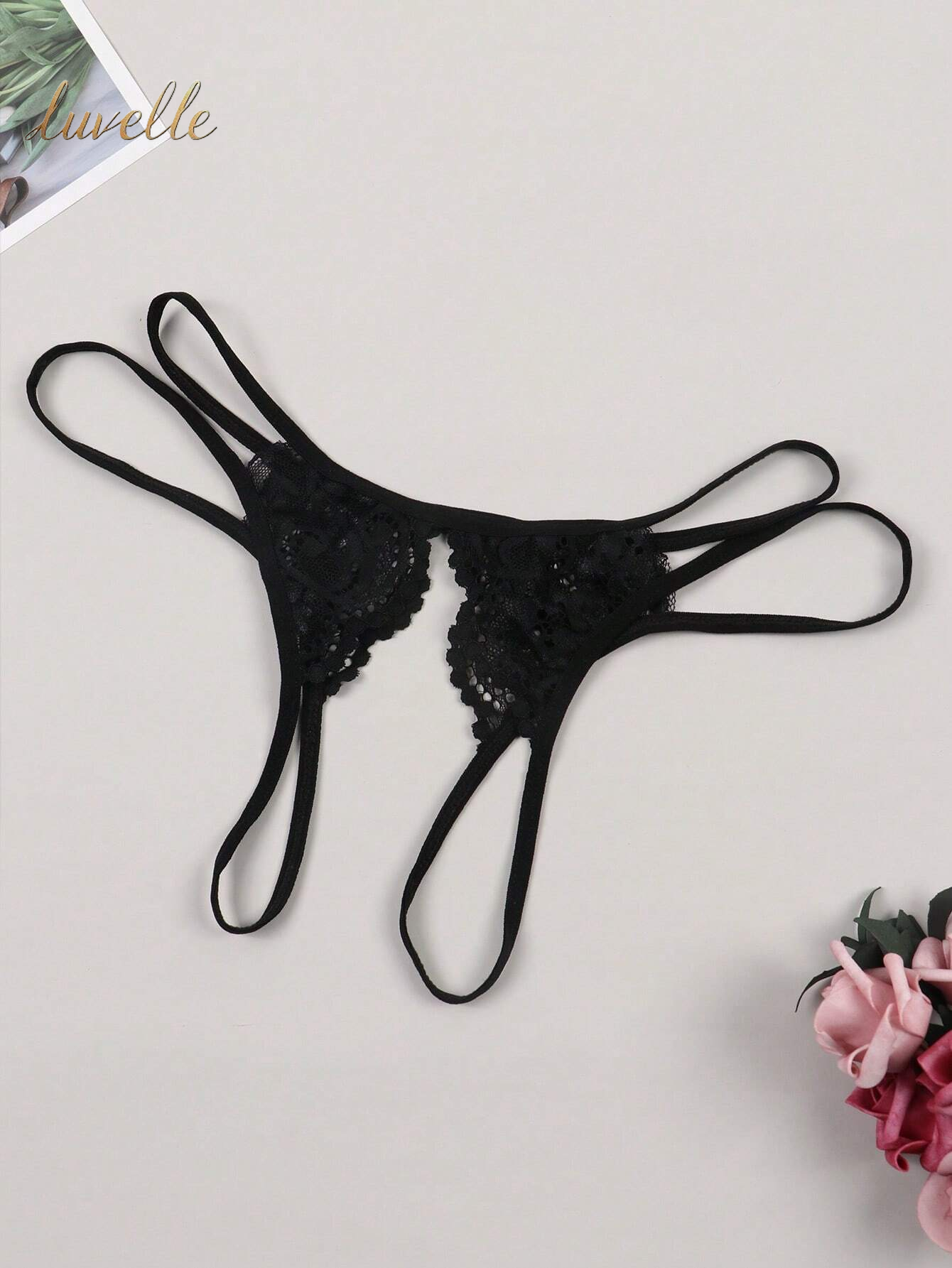 Women Sexy Lace Open Crotch Half-Transparent Sheer Hollow Out Thong Panties