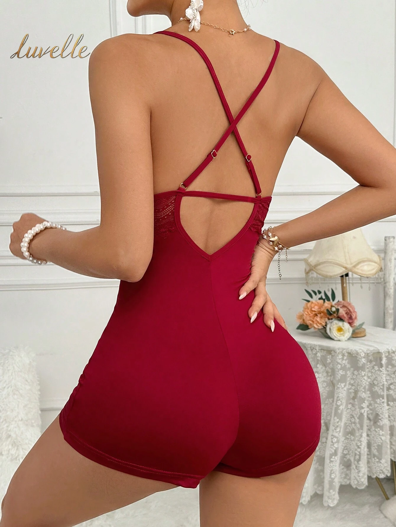 Women'S Lace Splicing Camisole Sleepwear Romper_Burgundy