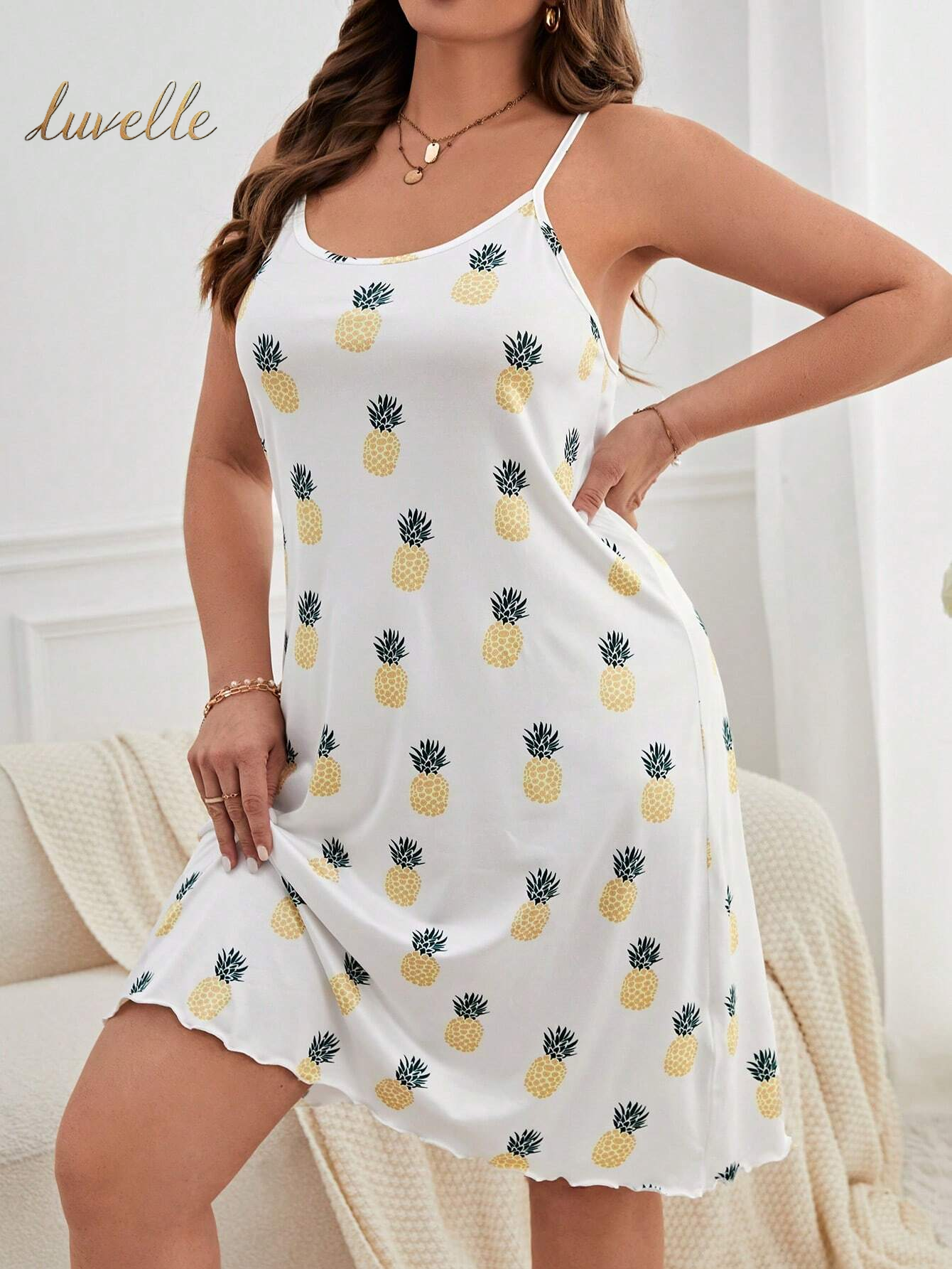 Plus Pineapple Print Cami Pajama Nightdress_White