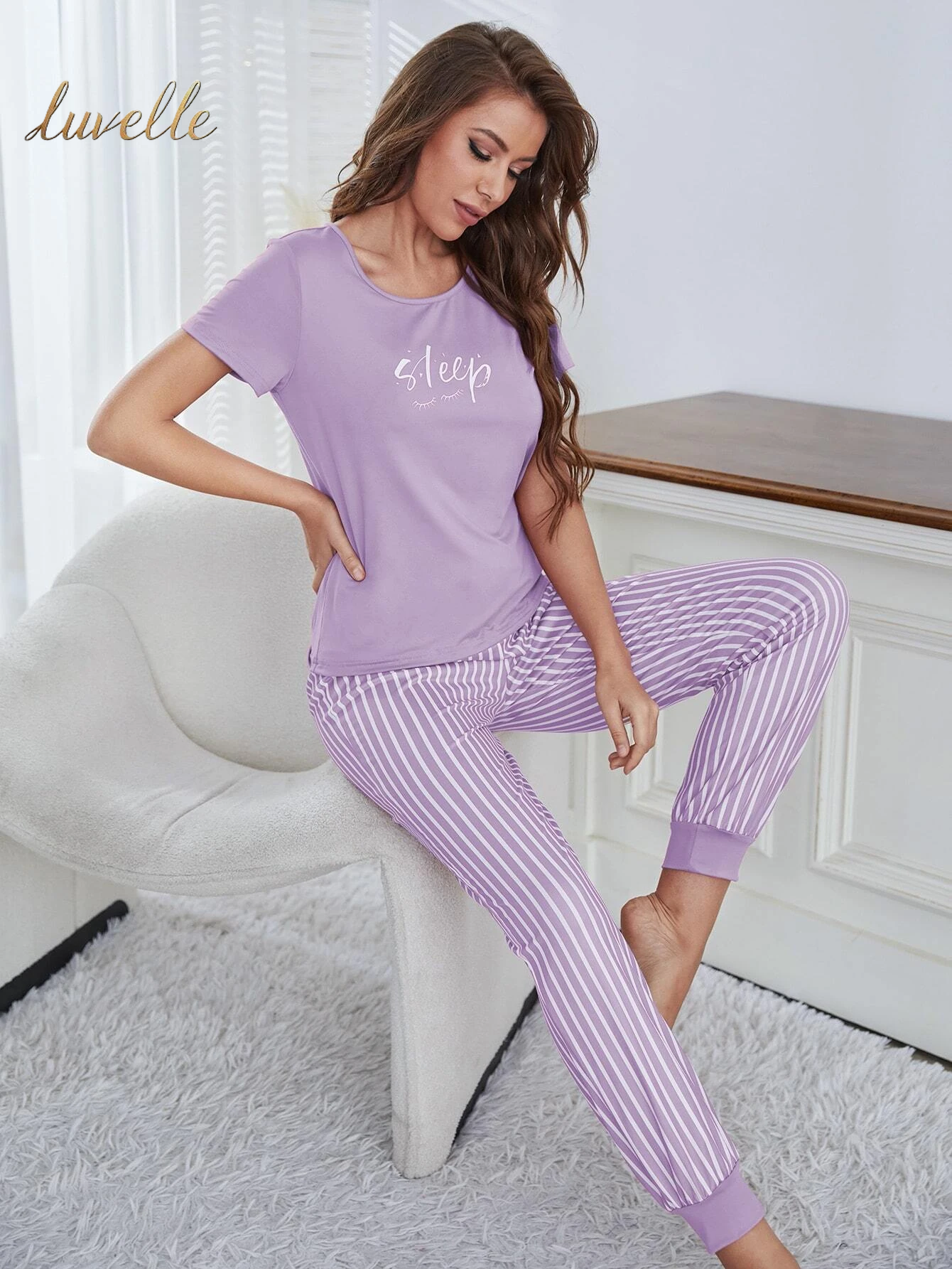 Eyelash & Letter Graphic Tee & Striped Pants PJ Set / Pajama Set_Lilac Purple