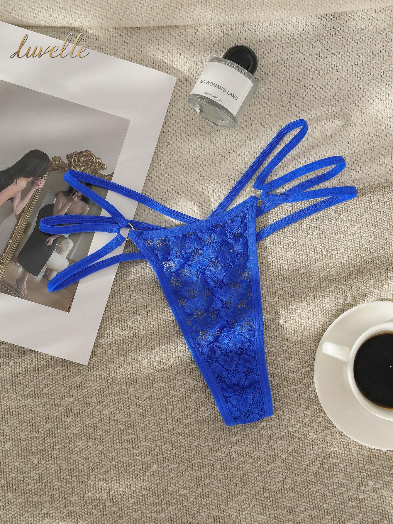 Floral Lace Ring Linked Thong Lingerie_Blue