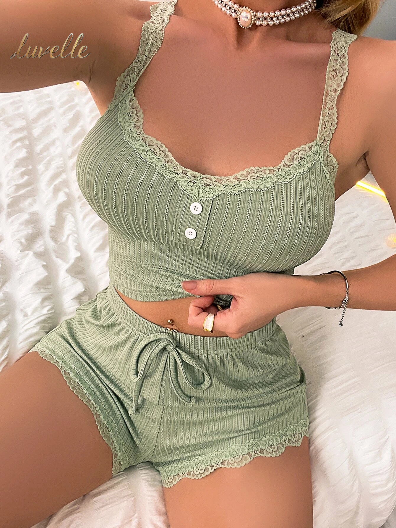 Contrast Lace Button Front Crop Cami Top & Shorts PJ Set / Pajama Set_Mint Green