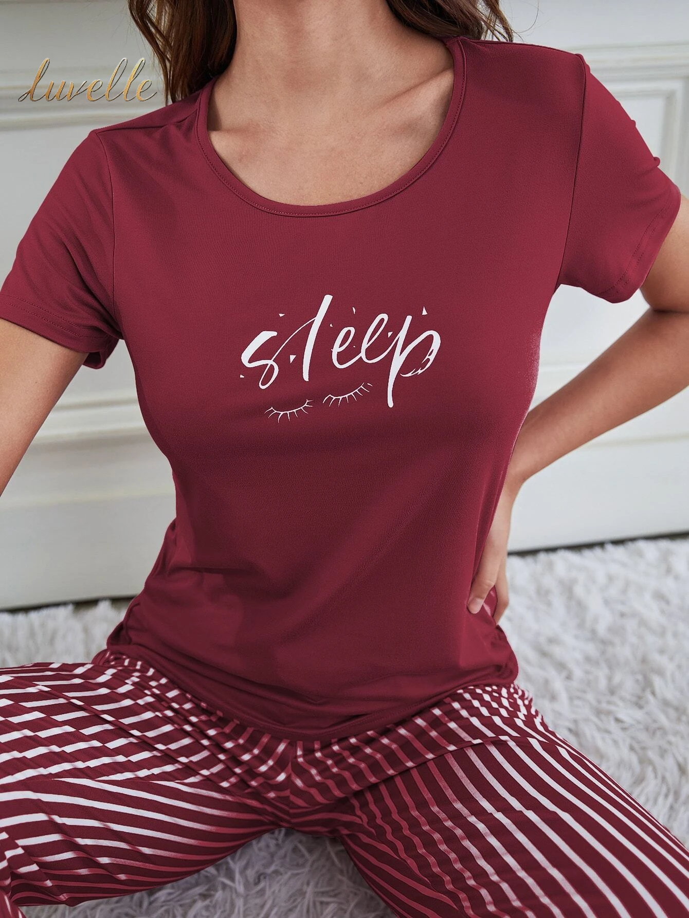 Eyelash & Letter Graphic Tee & Striped Pants PJ Set / Pajama Set_Burgundy