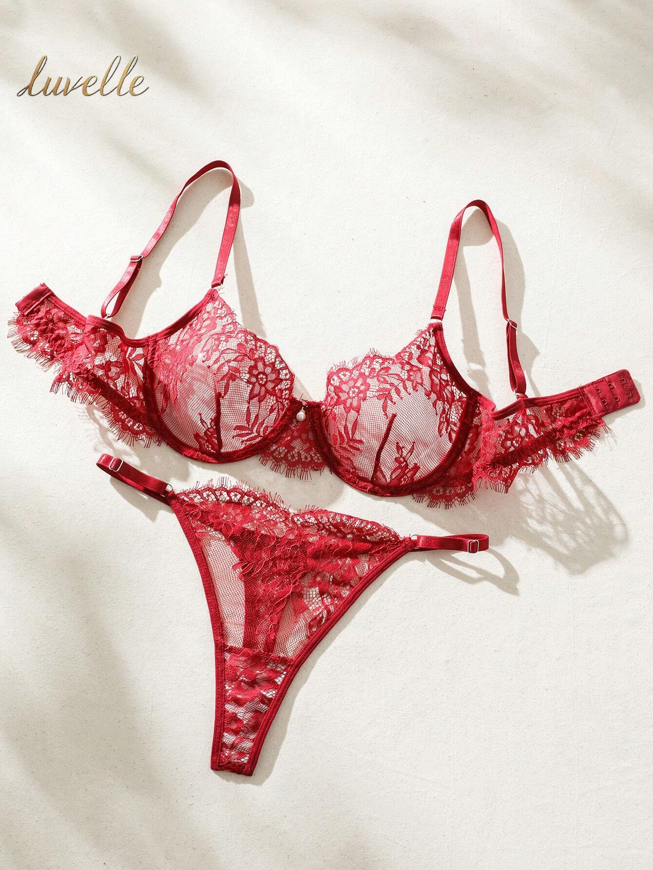 Floral Lace Underwire Lingerie Set_Burgandy