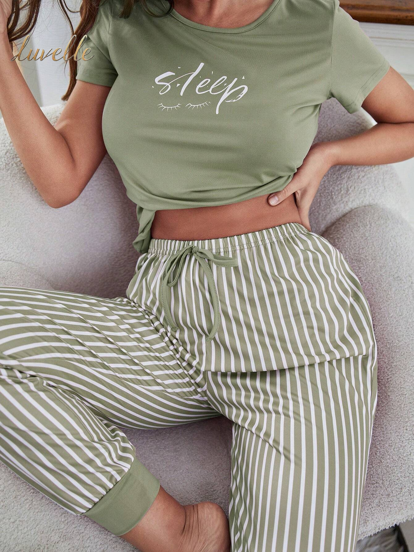 Eyelash & Letter Graphic Tee & Striped Pants PJ Set / Pajama Set_Green