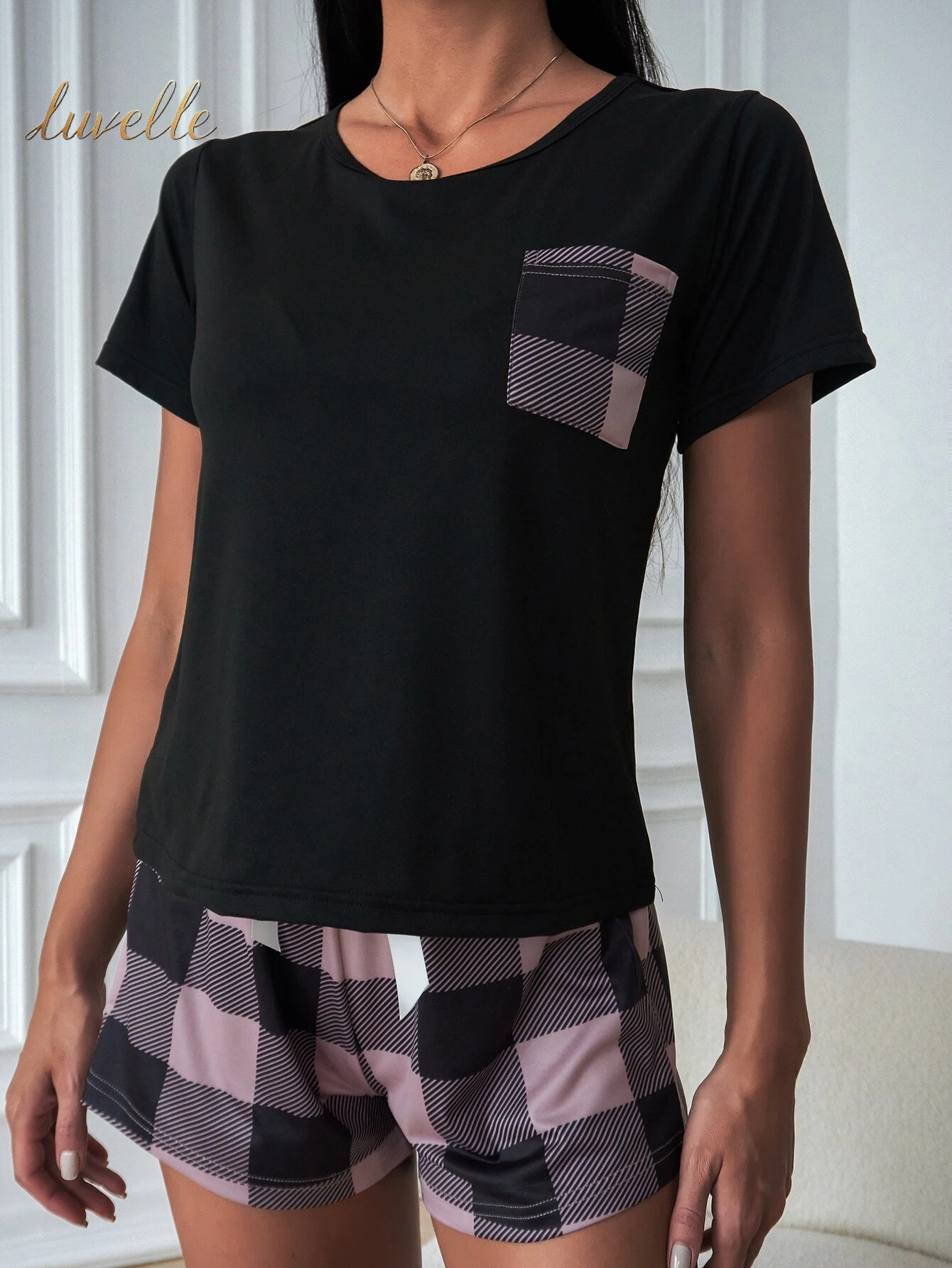 Pocket Patched Tee & Buffalo Plaid Print Shorts PJ Set / Pajama Set_Dusty Pink And Black