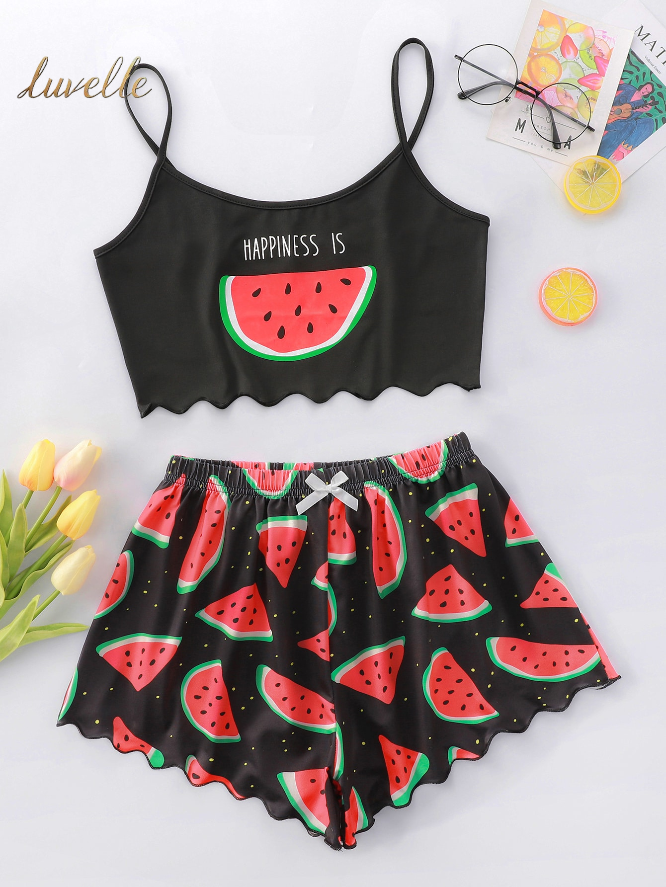 Slogan & Watermelon Bow Pajama Set