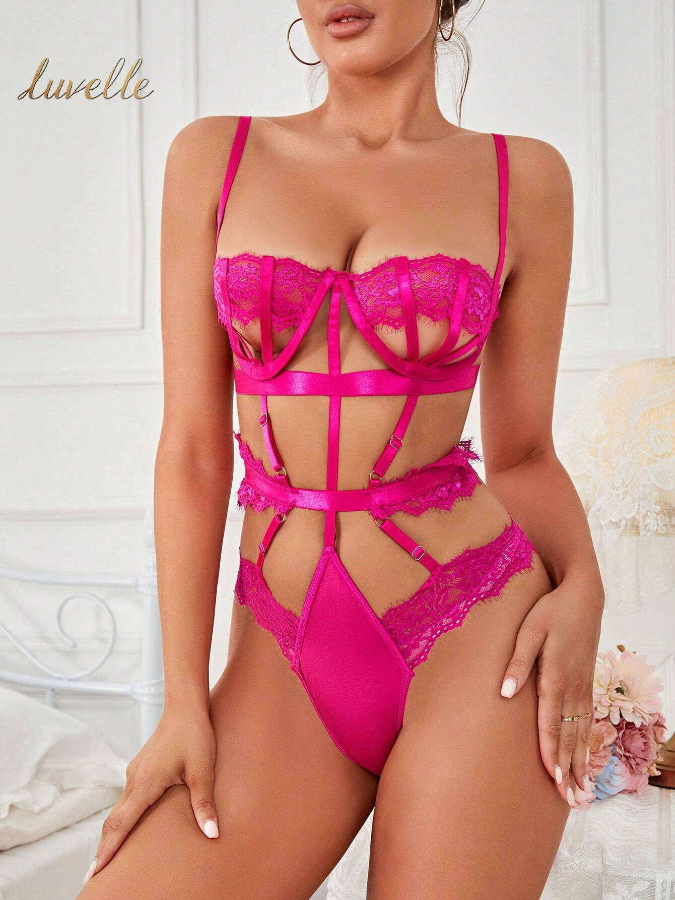 Classic Sexy Women'S Sexy Lace Bodysuit Lingerie_Hot Pink