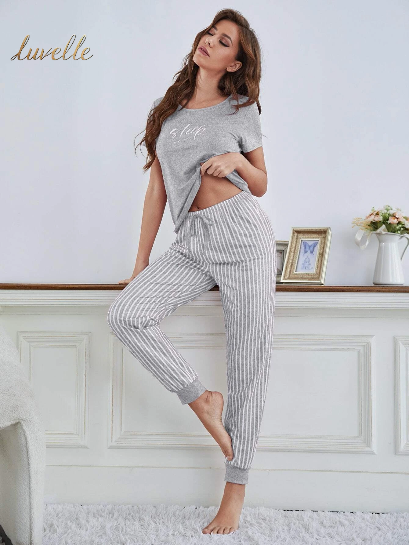 Eyelash & Letter Graphic Tee & Striped Pants PJ Set / Pajama Set_Light Grey