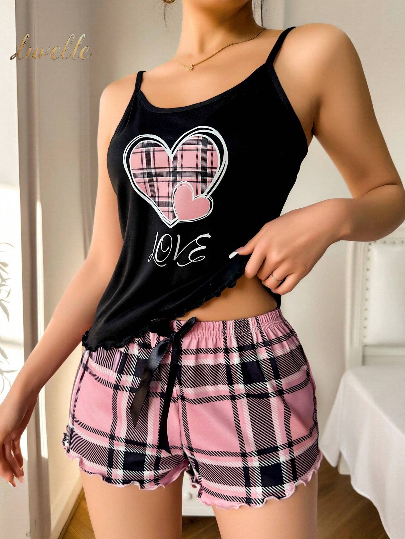 Luvelle Loving Embrace: Heart Shaped Plaid Cami Short PJ Set_Black