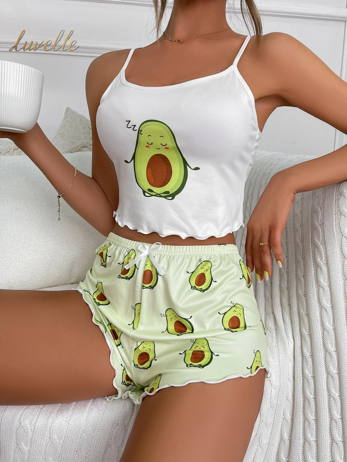 Cartoon Graphic Lettuce Trim Cami Top & Shorts PJ Set / Pajama Set