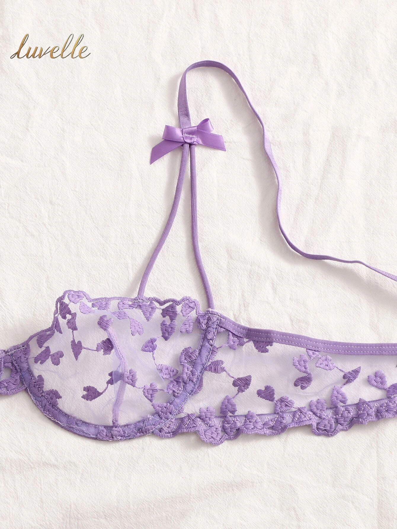 Heart Embroidered Bow Front Mesh Lingerie Set_Lilac Purple