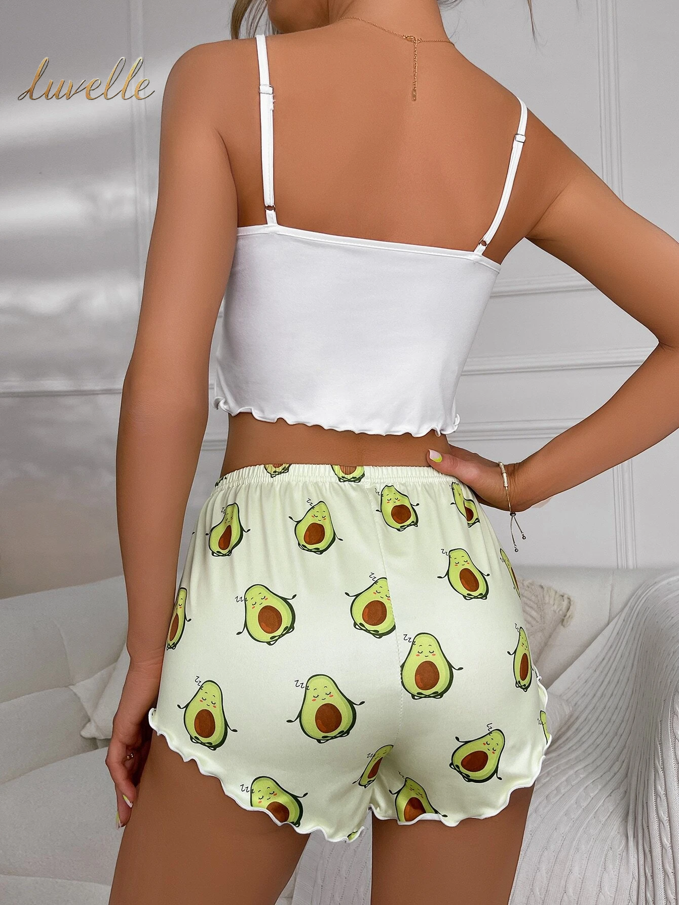 Cartoon Graphic Lettuce Trim Cami Top & Shorts PJ Set / Pajama Set