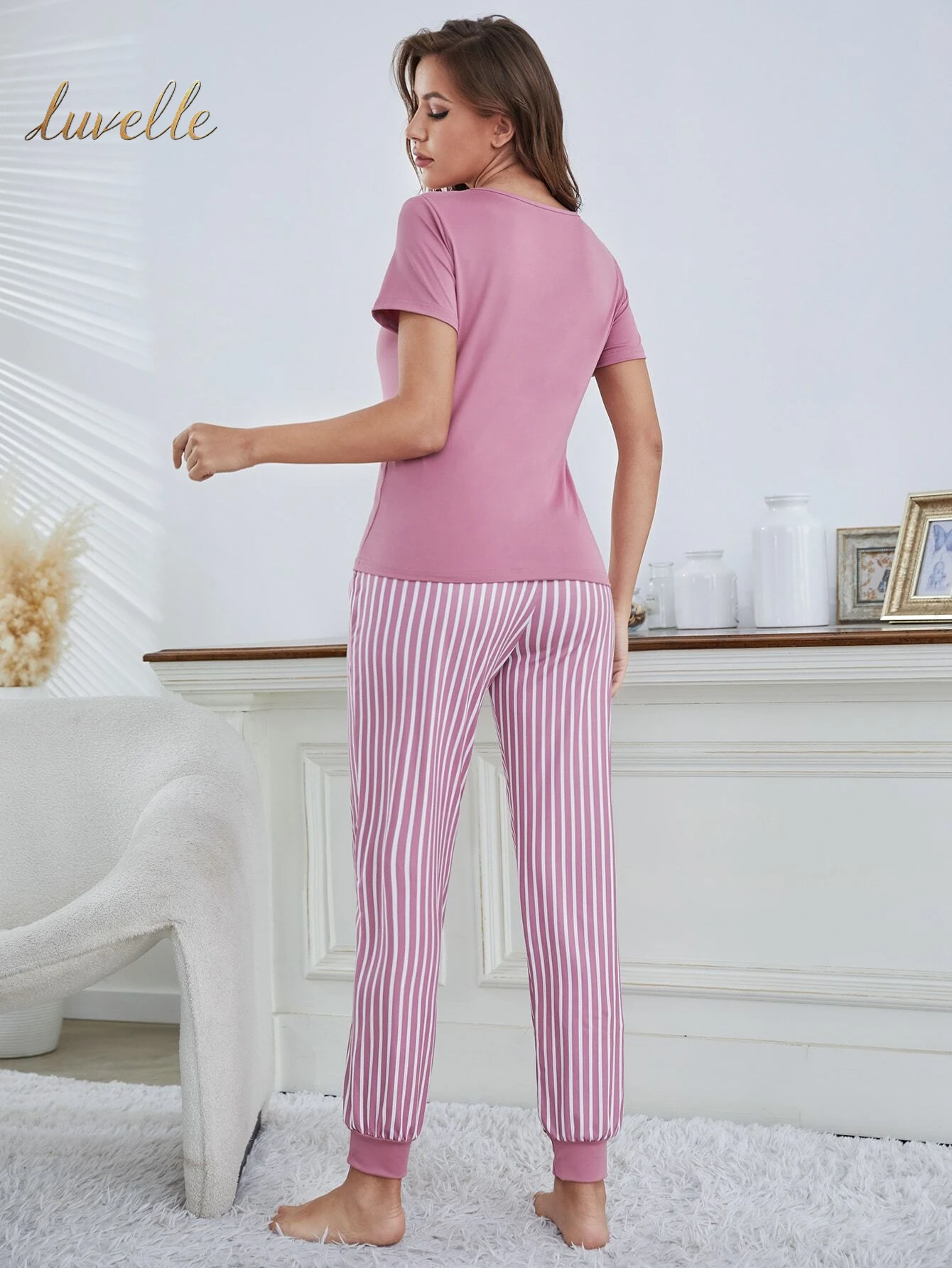 Eyelash & Letter Graphic Tee & Striped Pants PJ Set / Pajama Set_Dusty Pink