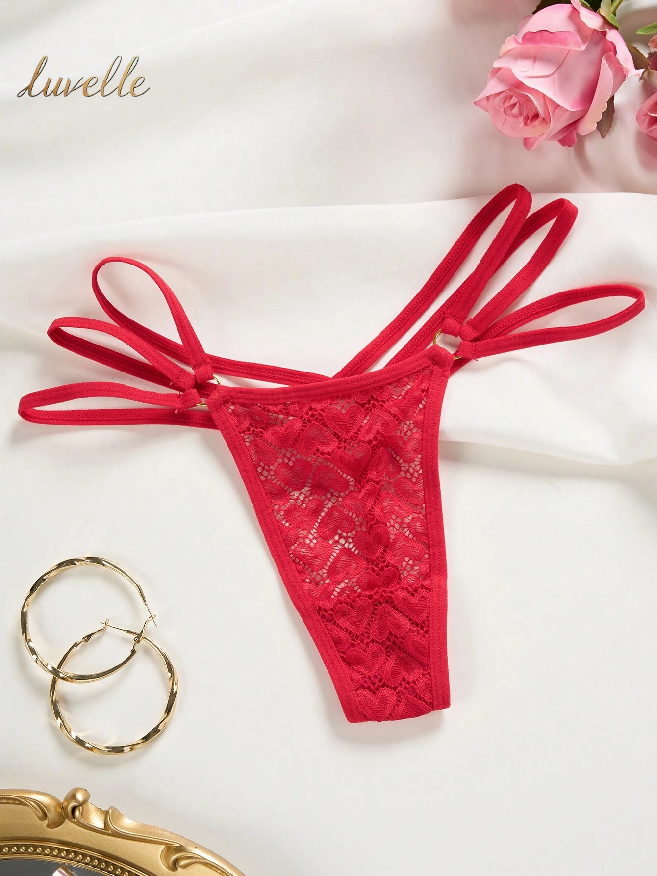 Floral Lace Ring Linked Thong Lingerie_Red