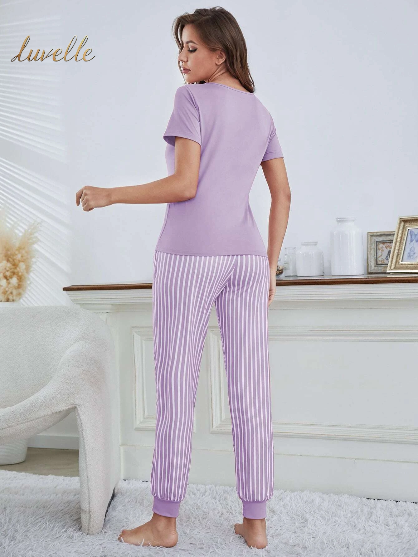 Eyelash & Letter Graphic Tee & Striped Pants PJ Set / Pajama Set_Lilac Purple