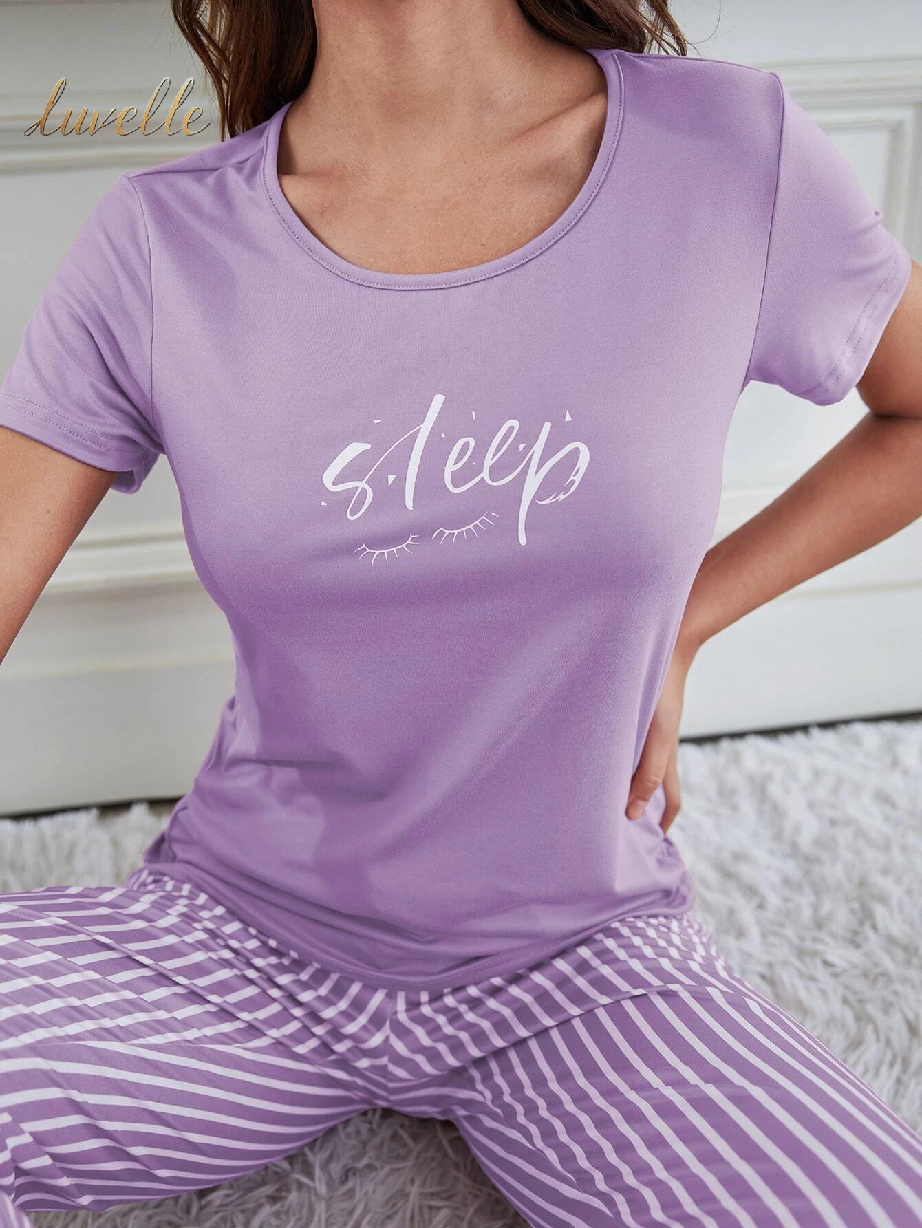 Eyelash & Letter Graphic Tee & Striped Pants PJ Set / Pajama Set_Lilac Purple