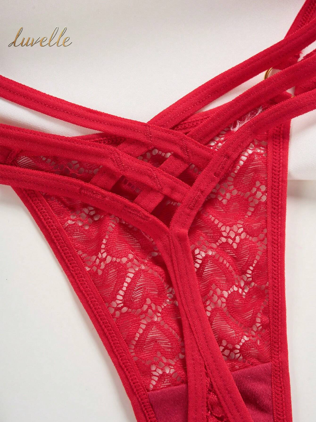 Floral Lace Ring Linked Thong Lingerie_Red