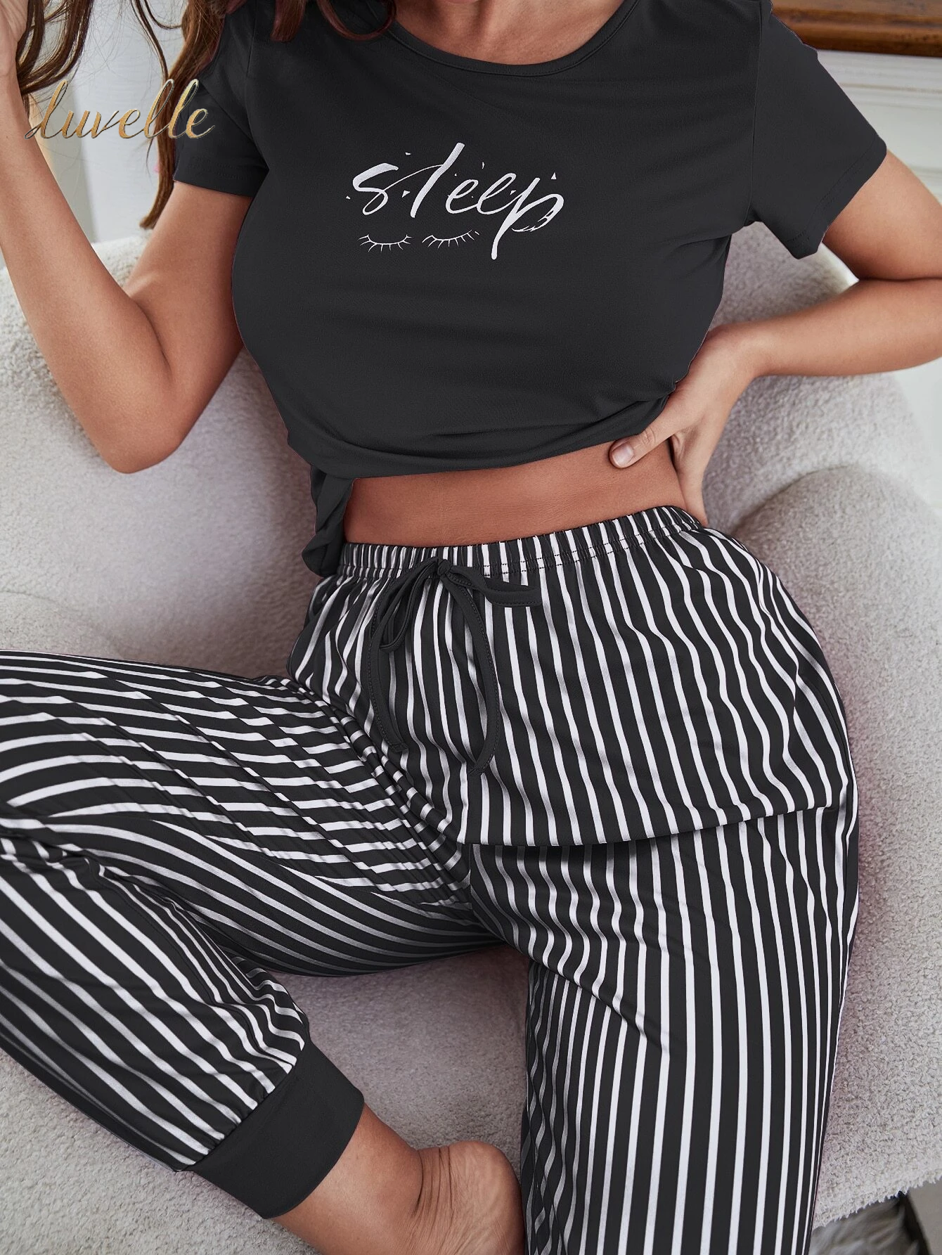 Eyelash & Letter Graphic Tee & Striped Pants PJ Set / Pajama Set_Black