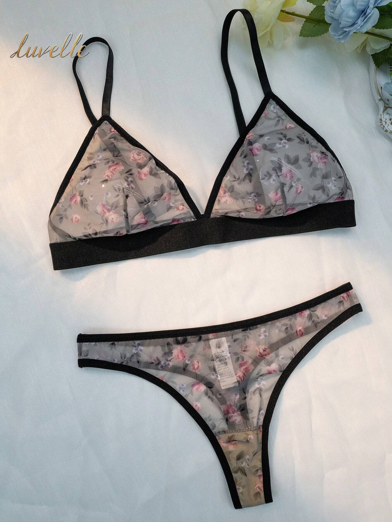 Two-Piece Set of Women Sexy Lingerie (Wireless Bra and Thong)_Grey And Pink