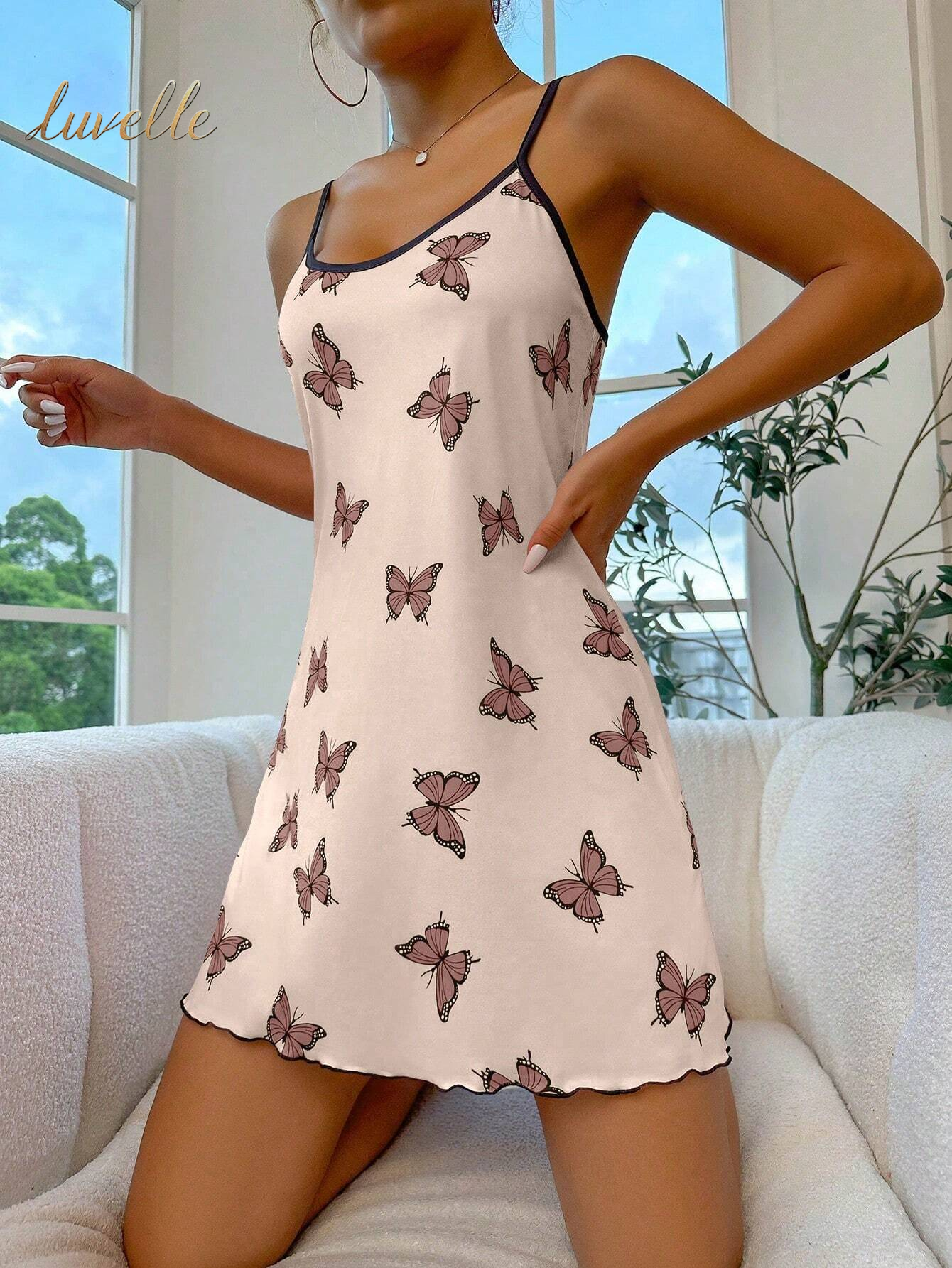 Butterfly Print Contrast Binding Lettuce Trim Cami Pajama Nightdress_Brown