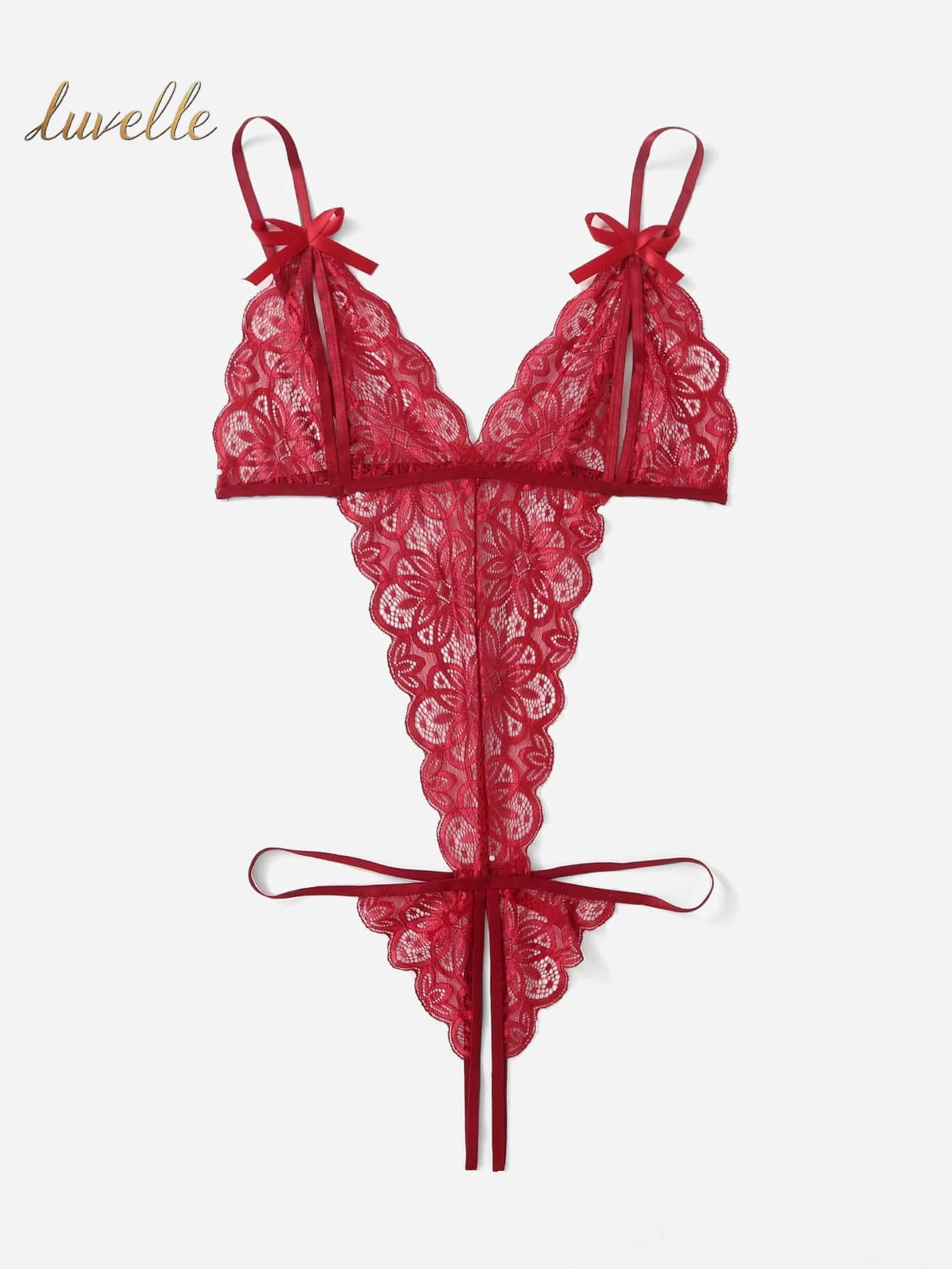 Classic Sexy Floral Lace Scallop Trim Crotchless Teddy Bodysuit_Burgundy