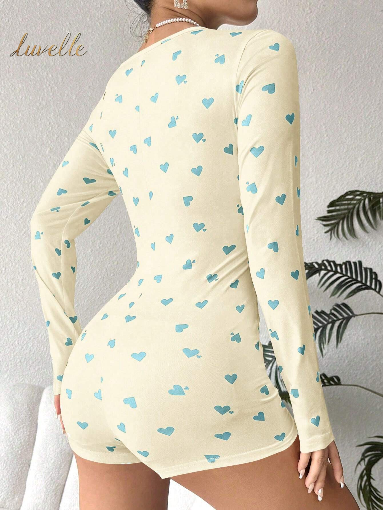 Heart Print Long Sleeve Pajamas Romper_Peach and Teal