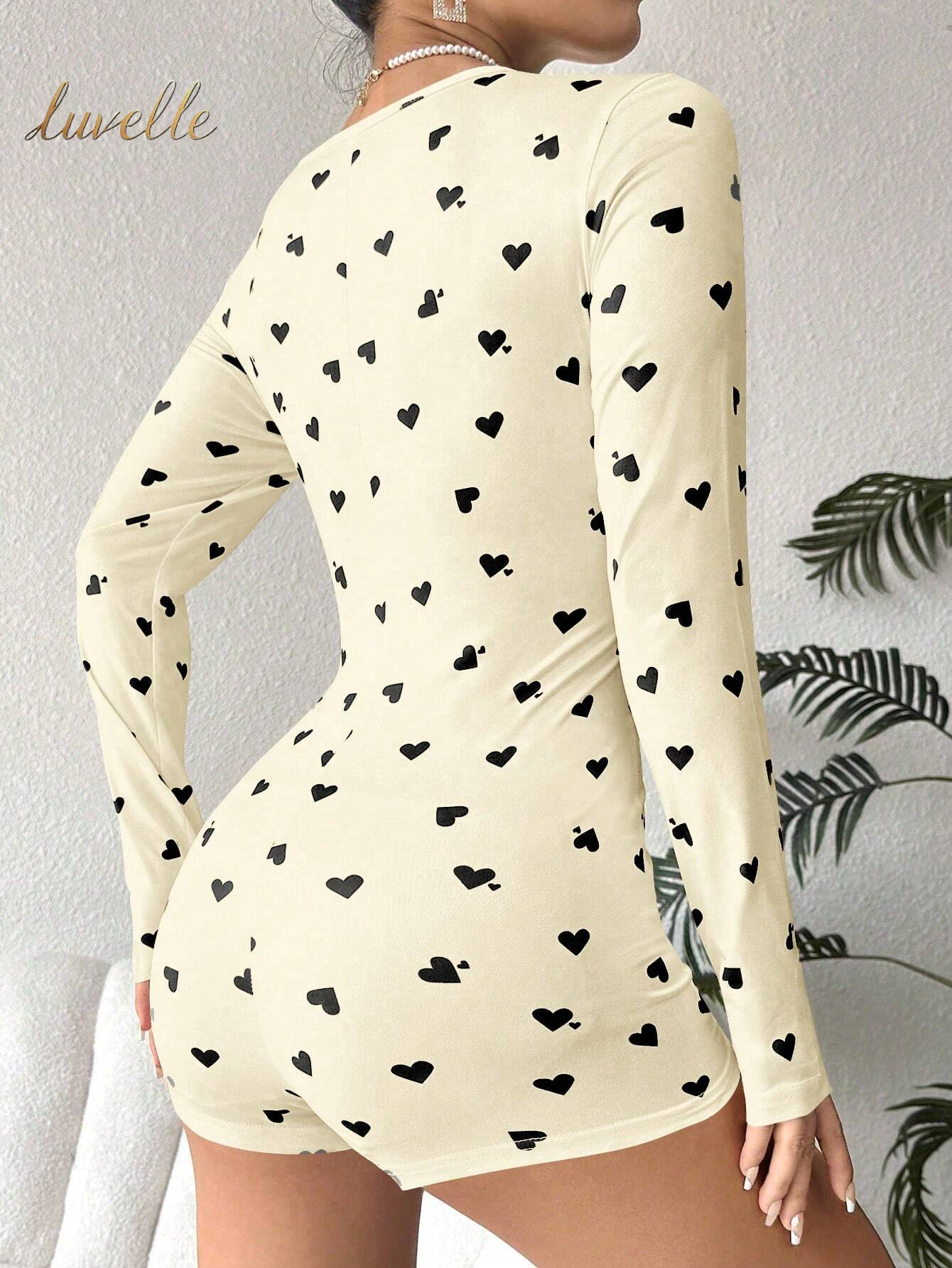 Heart Print Long Sleeve Pajamas Romper_Peach and Black