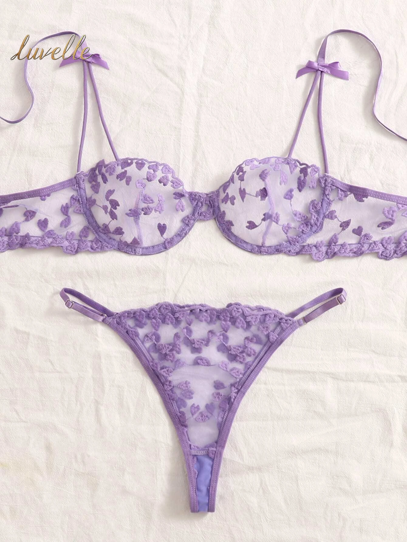 Heart Embroidered Bow Front Mesh Lingerie Set_Lilac Purple