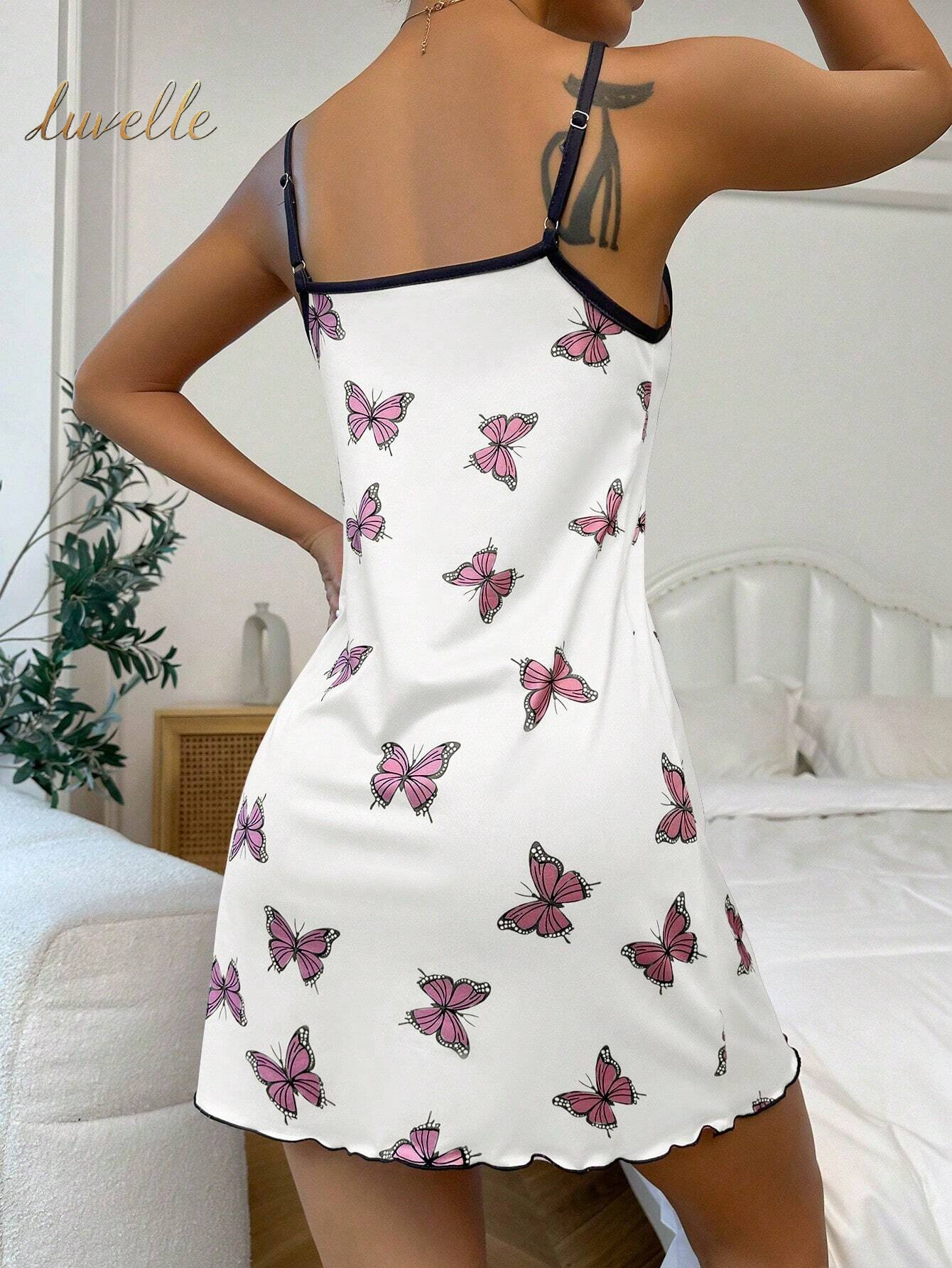 Butterfly Print Contrast Binding Lettuce Trim Cami Pajama Nightdress_White