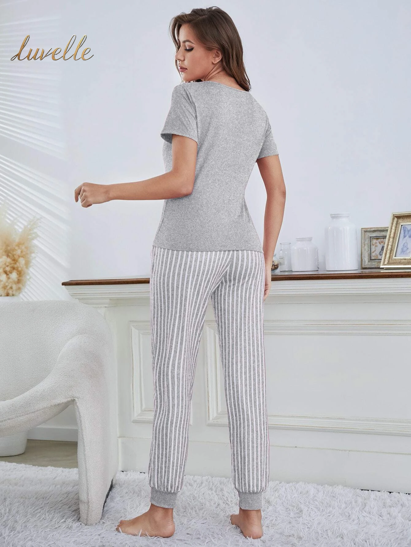 Eyelash & Letter Graphic Tee & Striped Pants PJ Set / Pajama Set_Light Grey