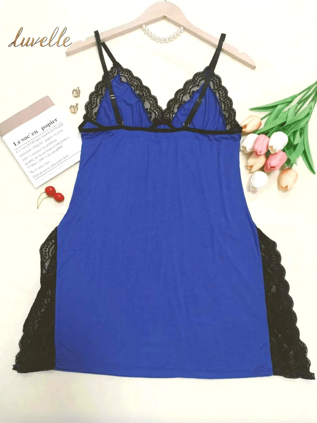 1Pc plus Size Women Lace Trim Bowknot Decor Side Slit Camisole Nightgown_Blue