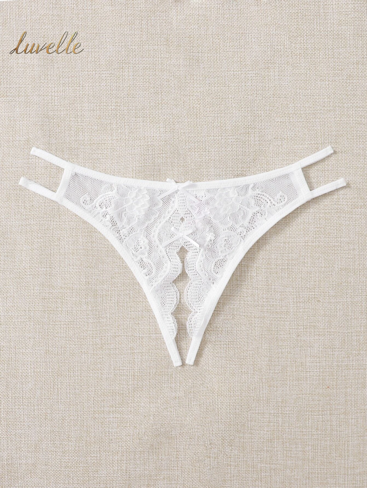 Classic Sexy Floral Lace Bow Decor Crotchless Panty Lingerie_White