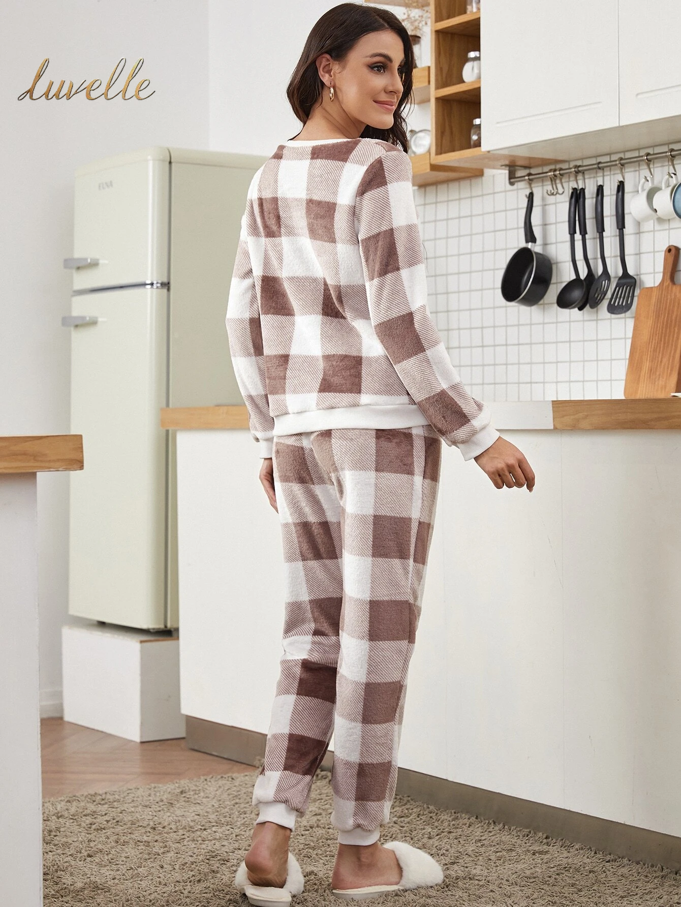 Buffalo Plaid Print Flannel PJ Set / Pajama Set_Coffee Brown