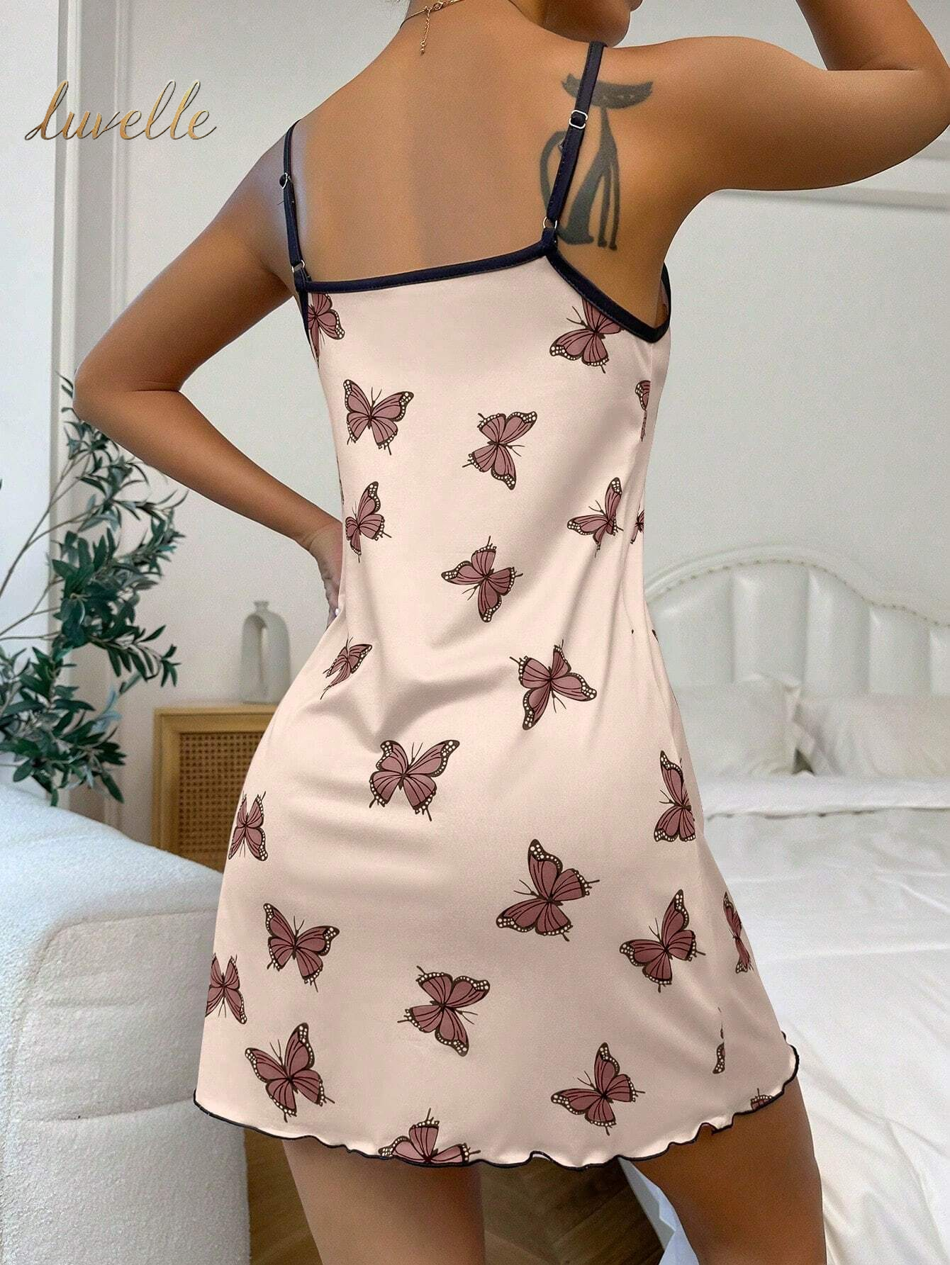 Butterfly Print Contrast Binding Lettuce Trim Cami Pajama Nightdress_Brown