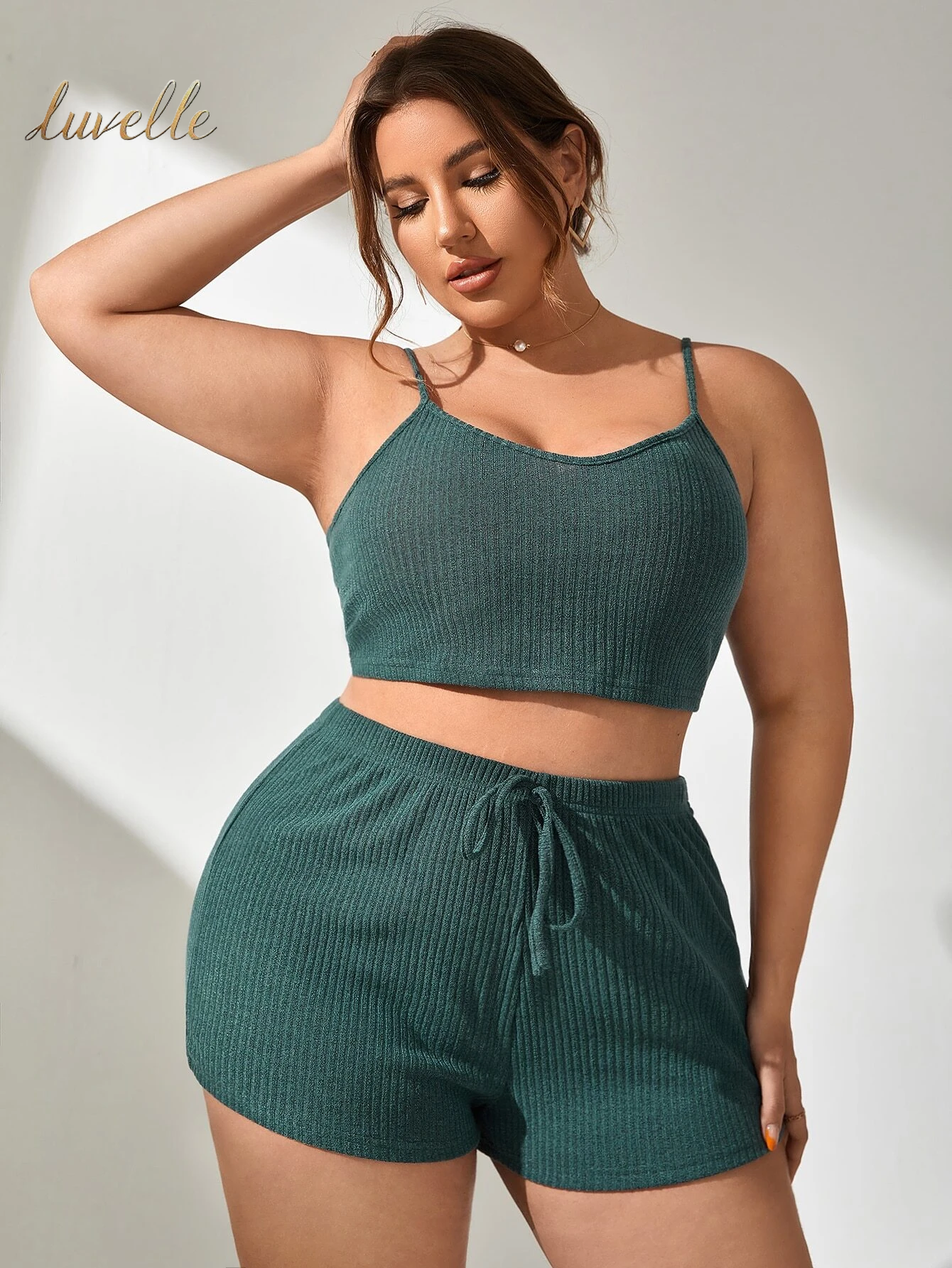 Plus Rib-Knit Knot Waist Cami PJ Set / Pajama Set_Dark Green