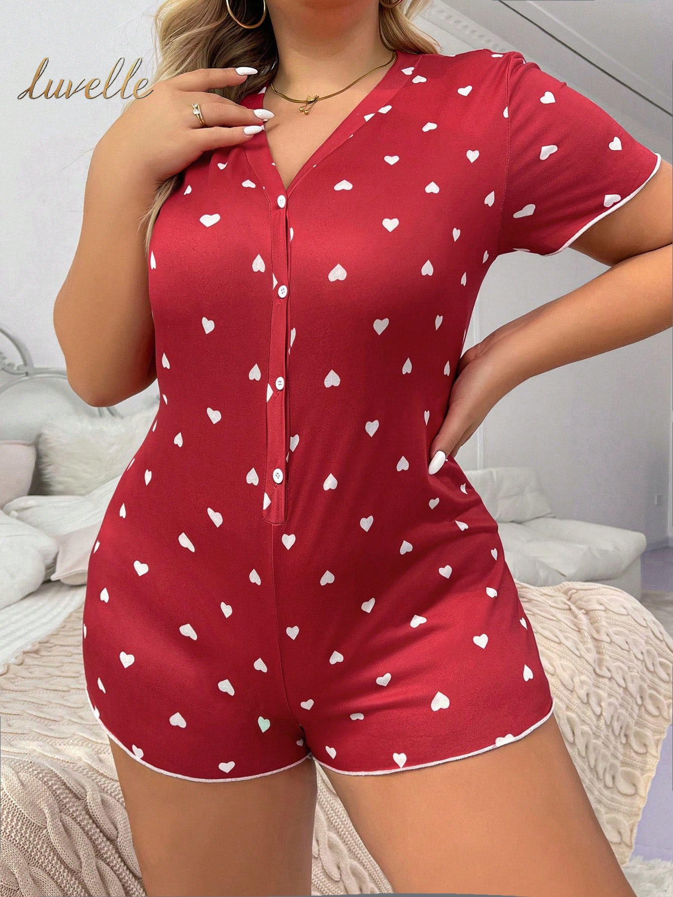 Plus Size Heart Printed Pajamas Romper