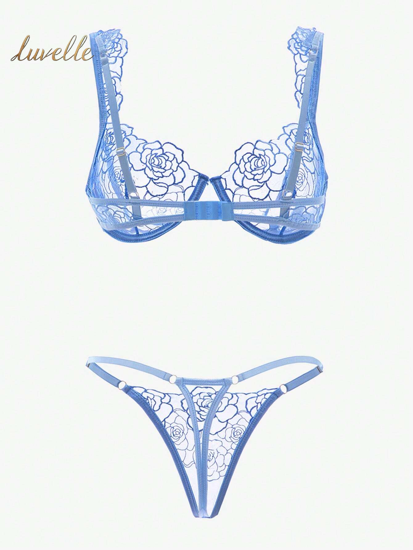 Sheer Embroidery Underwire Bra & Panty Lingerie Set_Blue