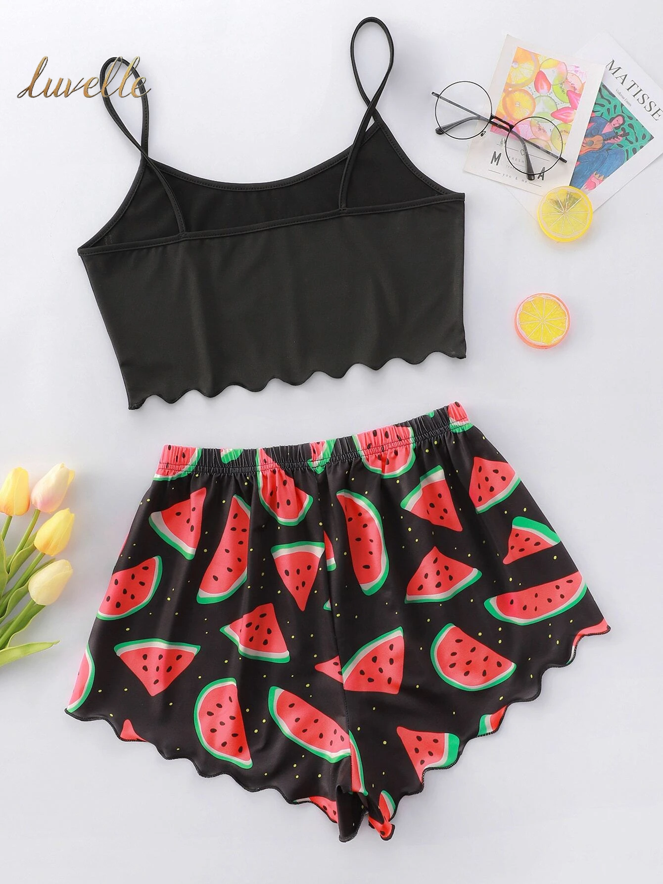 Slogan & Watermelon Bow Pajama Set