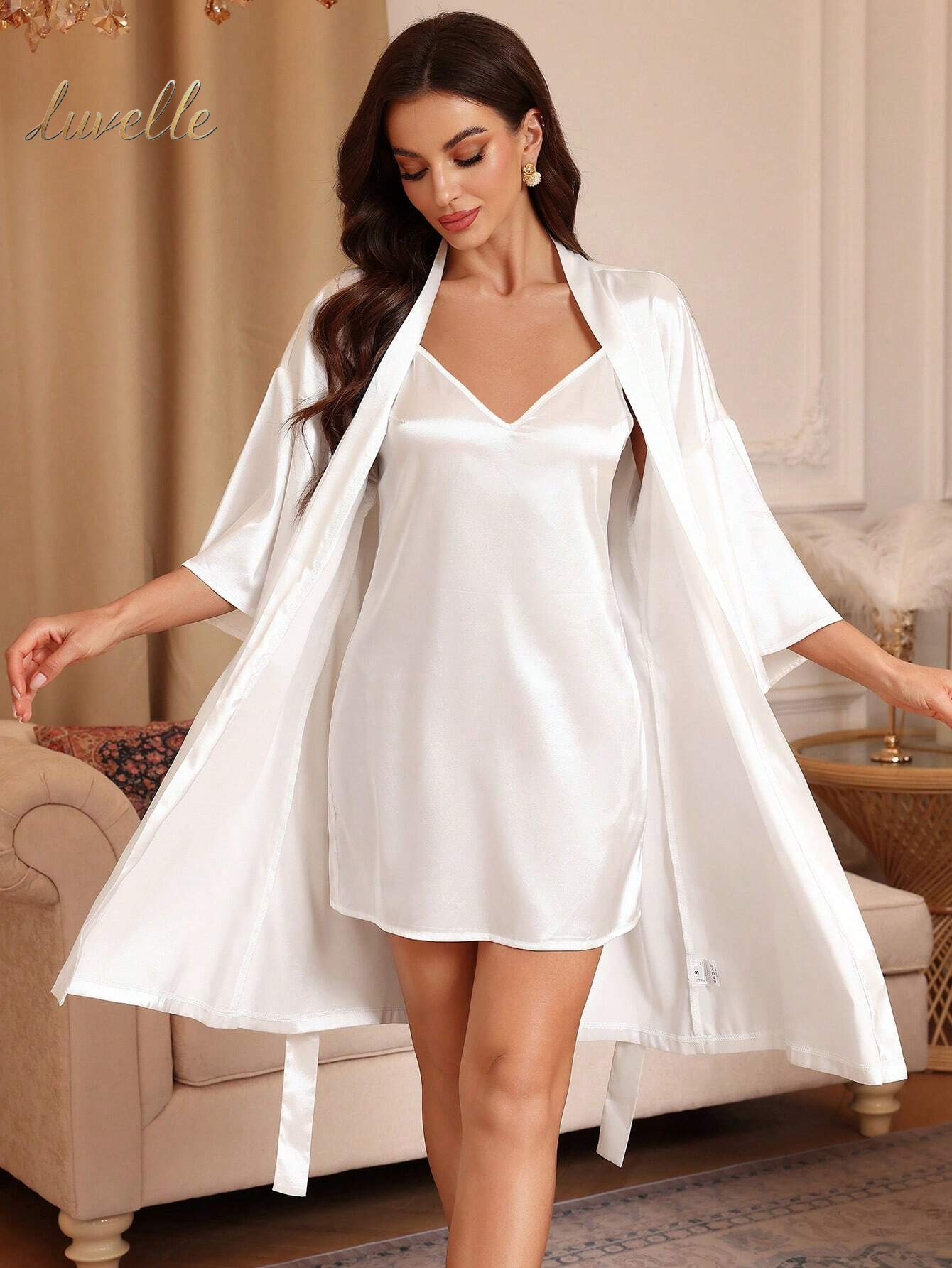 Solid Satin Nightdress & Drop Shoulder Belted Robe Pajama Set_White