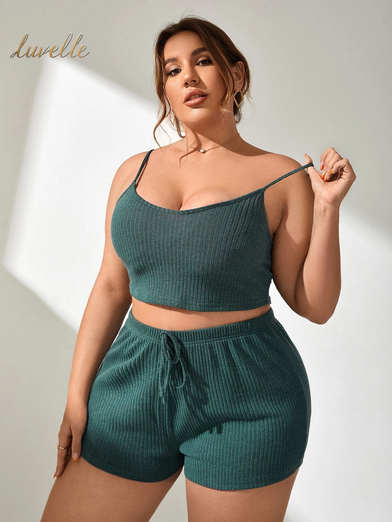 Plus Rib-Knit Knot Waist Cami PJ Set / Pajama Set_Dark Green