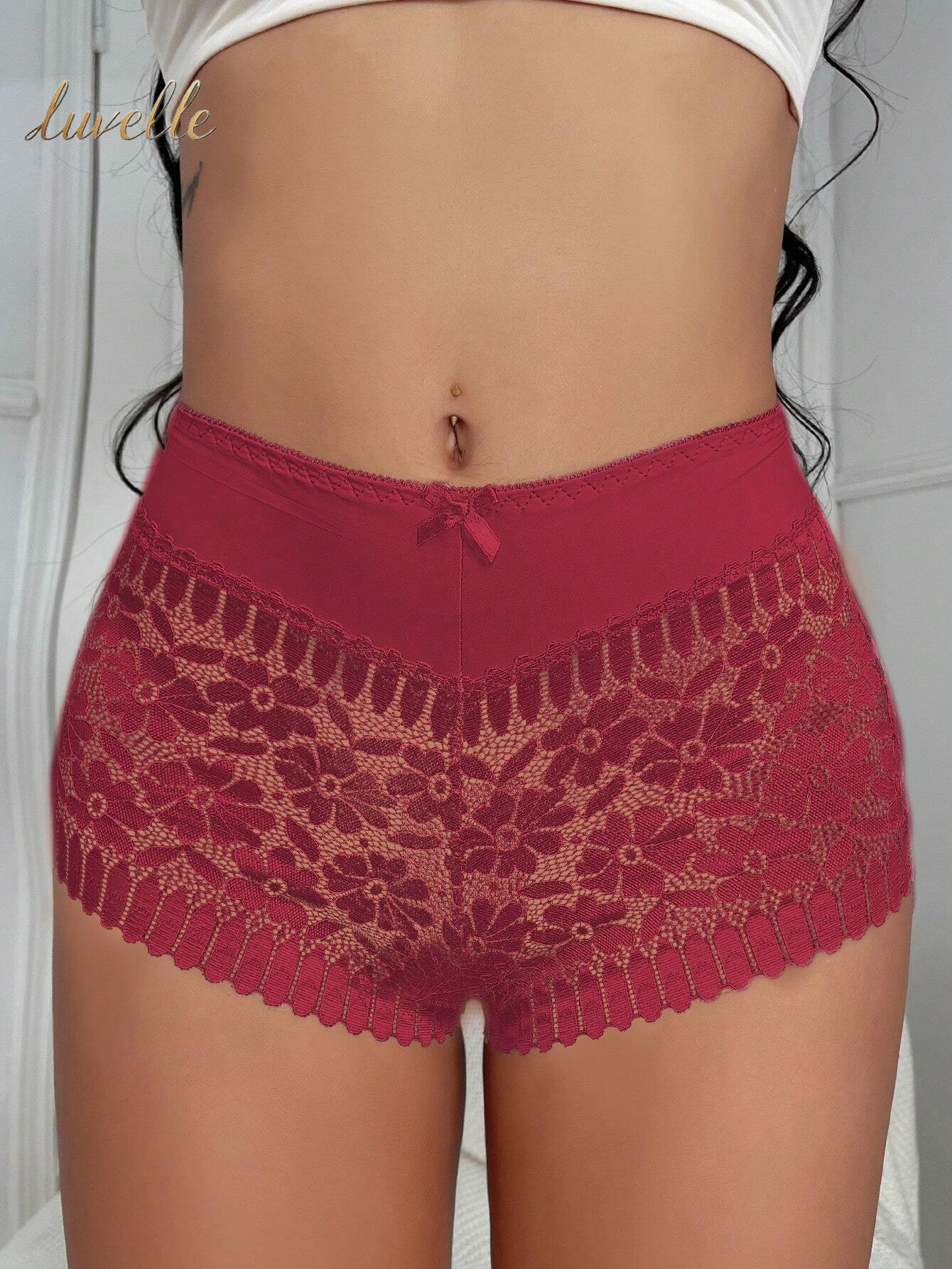 1Pc Sexy Hollow Out Mid-Rise Breathable Lace Underwear with Cross-Border Waist and Buttocks from Europe and America_Burgundy