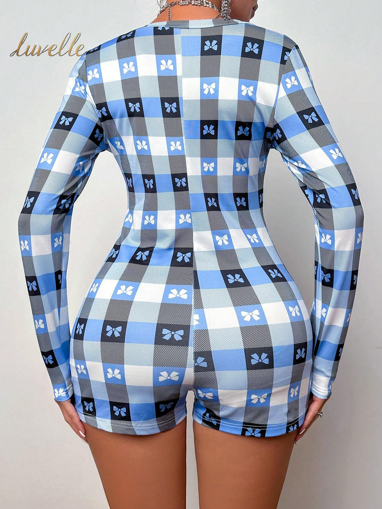 Women'S Plaid Bow Print Pajama Romper_Blue